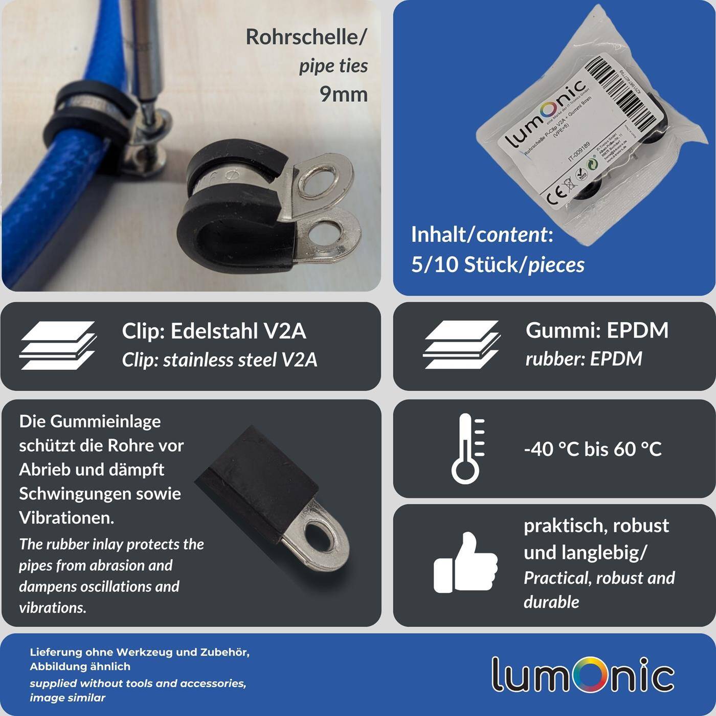 5x P-Clip Leitungsschelle Edelstahl V2A mit Gummi 9mm Rohrschelle Befestigungsschelle