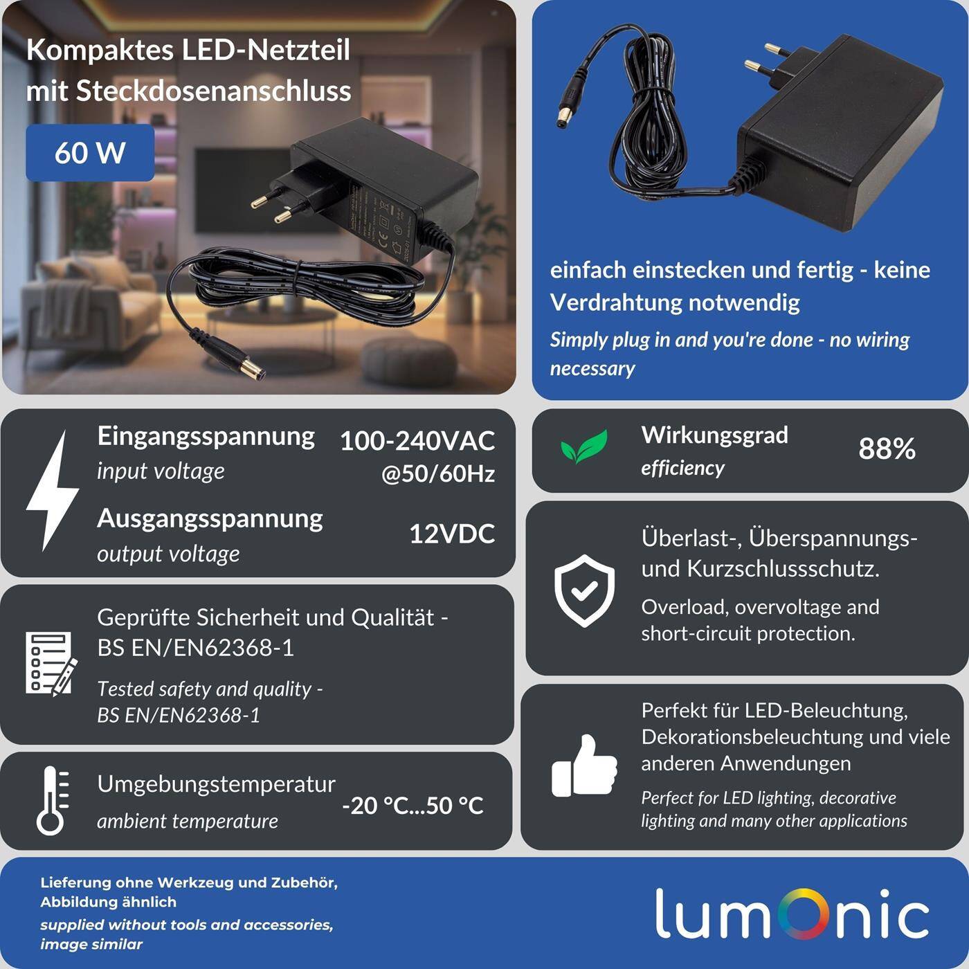 Lumonic I LED Steckernetzteil PIP-60-12 I 12V 60W I Input 100-240VAC I extra langes Kabel mit Hohlstecker 5,5/2,1 I Überlastschutz & effizient I universeller EU-Netzadapter I für LED-Streifen