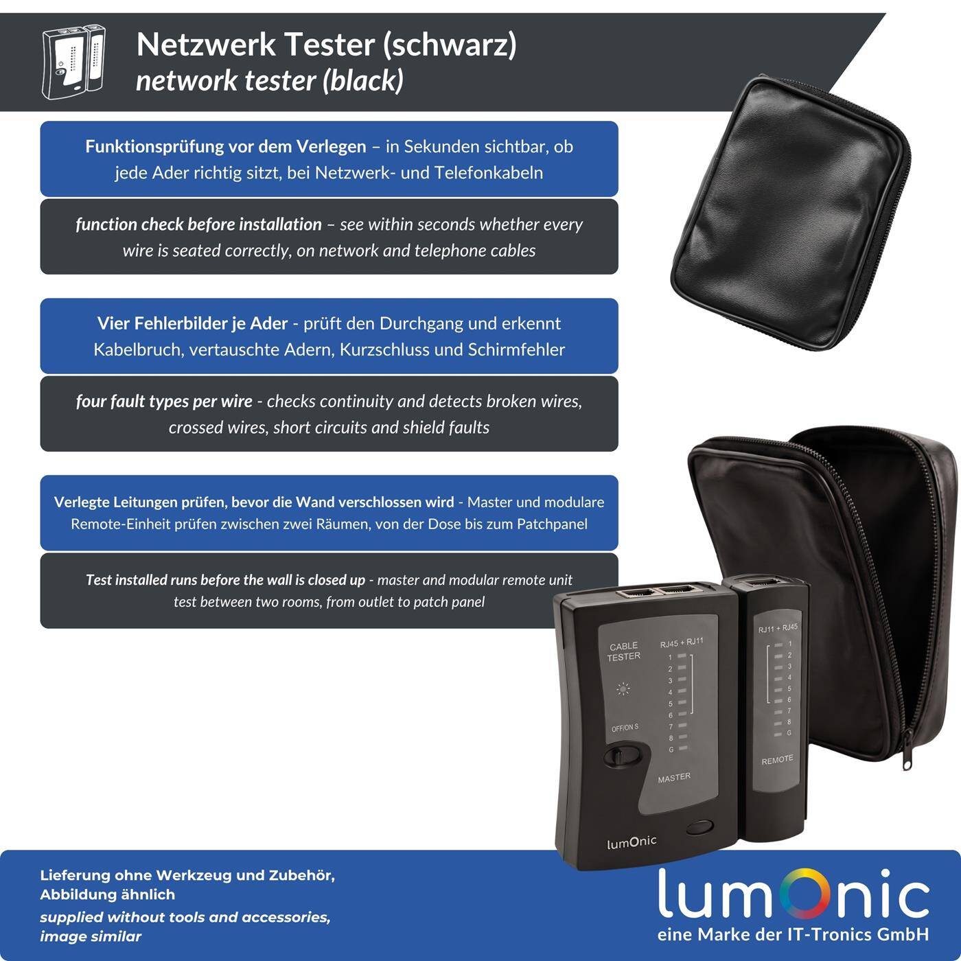 Lumonic Network Tester with Remote Unit for RJ45 and RJ11, Black - Master and Remote Units for Ethernet Cables, RJ45 and RJ11, Continuity Tester, LAN Tester, Network Cable Tester