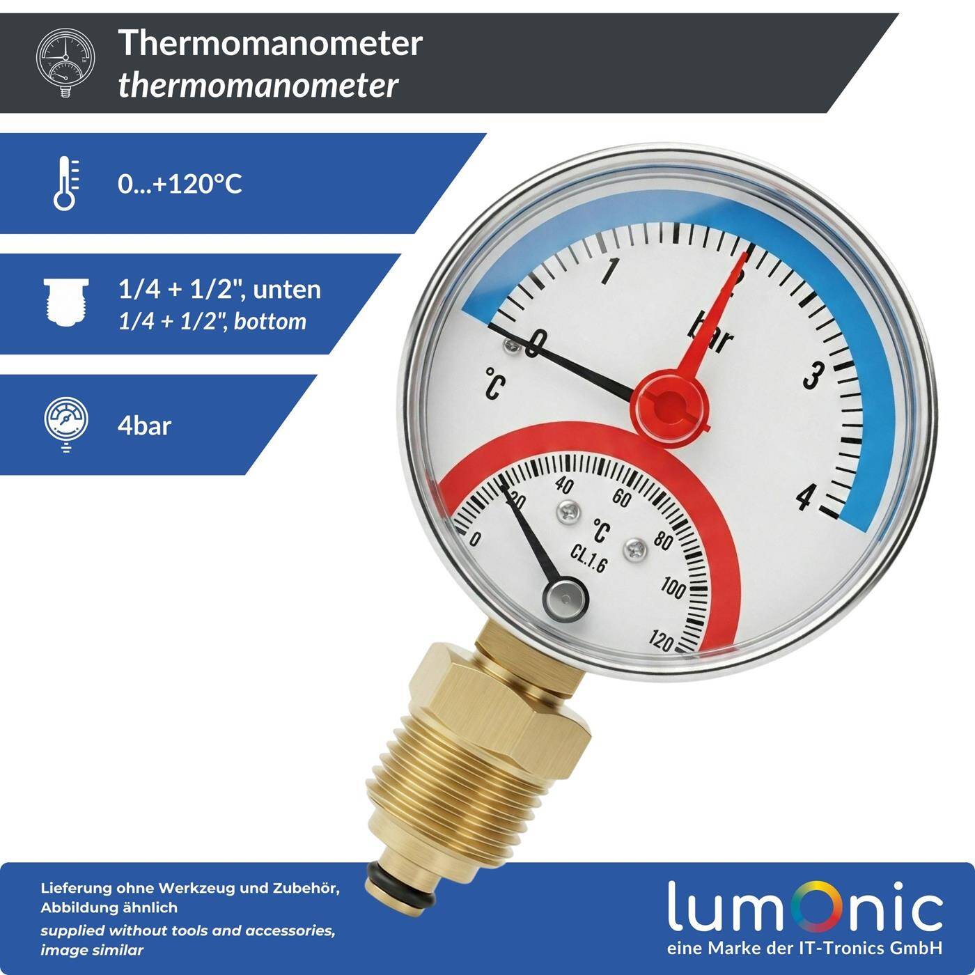 Lumonic Thermomanometer 4bar 0-120°C | 1/4 + 1/2 inch (adapter) | Bottom connection | Ø 63mm, large scale | Heating pressure gauge | Metal housing