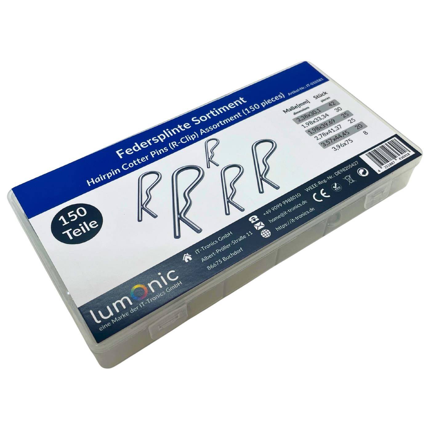 Spring cotter assortment, 150 parts, 6 sizes (2-4mm), R-Clip Hairpin Galvanized spring steel, Reusable without tools, in practical assortment box