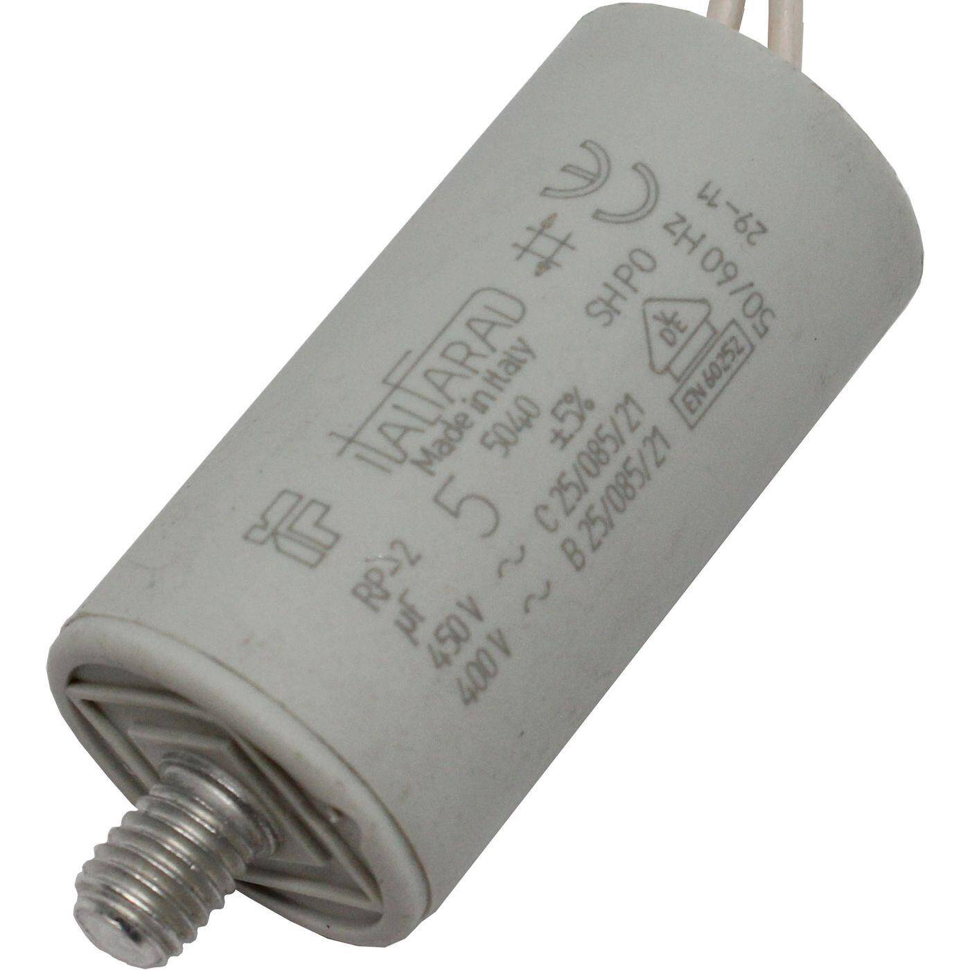 Anlaufkondensator Motorkondensator 5µF 450V 28x56mm Kabel 15cm Italfarad 5uF