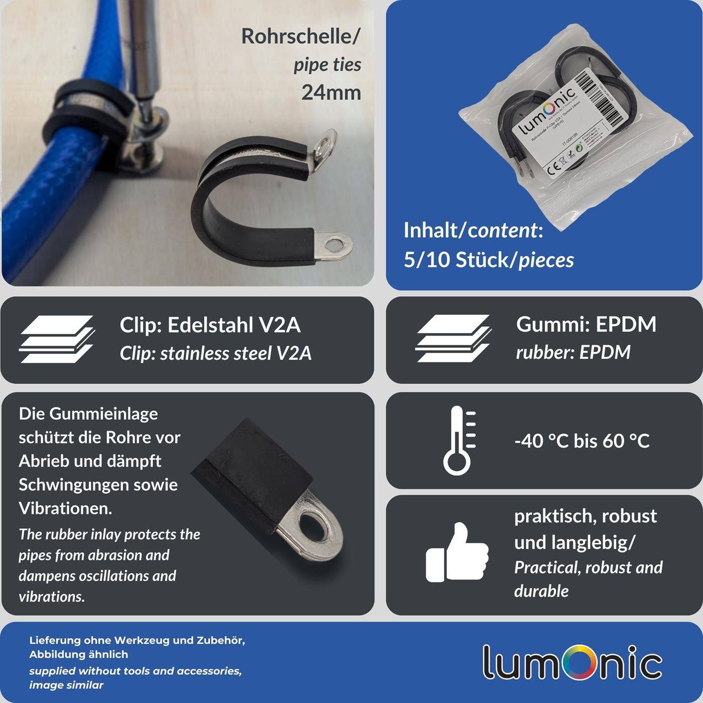5x P-Clip Leitungsschelle Edelstahl V2A mit Gummi 24mm Rohrschelle Befestigungsschelle
