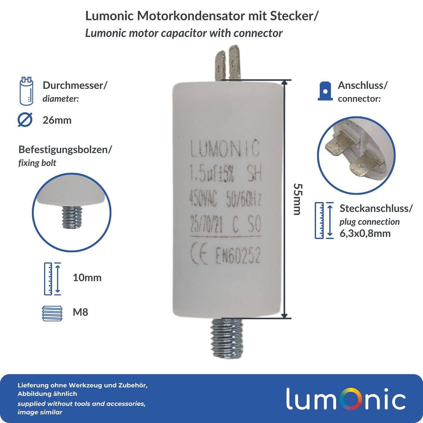 Lumonic Anlaufkondensator 1,5µF 450V | mit Stecker I 26x55mm I 1,5uF I Motorkondensator mit Kunststoffgehäuse I Betriebskondensator I für Pumpen, Rasenmäher, Werkzeuge