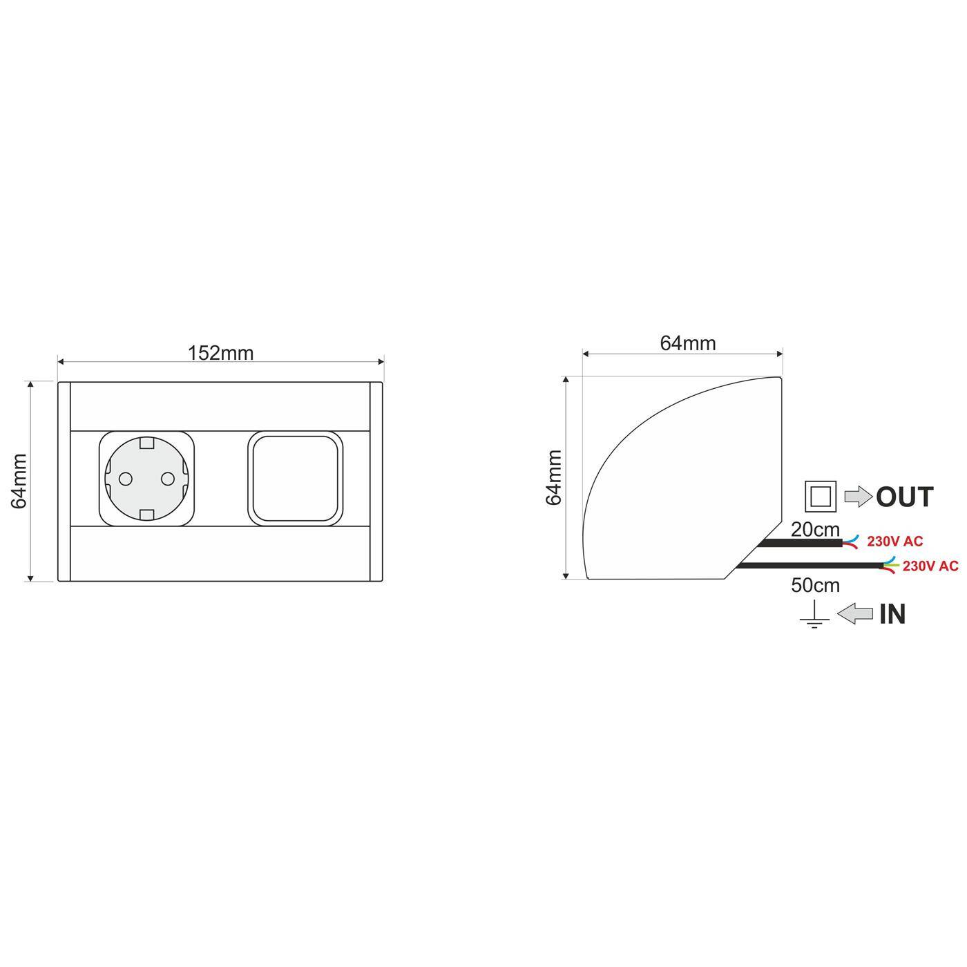 Lumonic ConerBox 1x Schuko Steckdose + 1x Schalter Tischsteckdose silber I Steckdose mit 230V max. 3600W I Größe 152 x 64 x 64mm Ideal zur Eckmontage