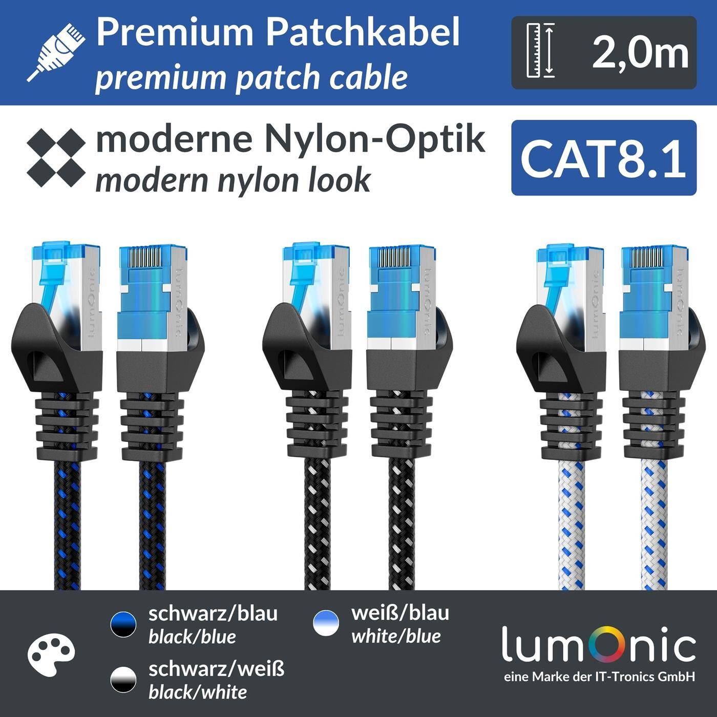 2m CAT8.1 Patchkabel S/FTP RJ45 Schwarz Weiß Premium Nylon Optik Ethernet LAN Netzwerkkabel