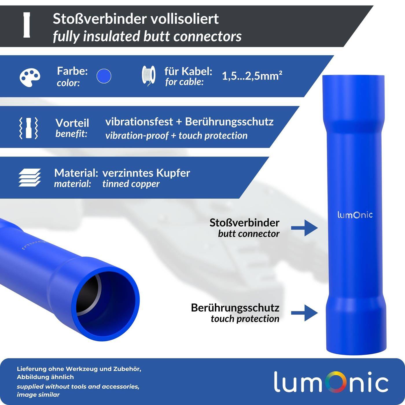 Lumonic 25x Butt connector fully insulated | 1,5-2,5mm² Blue | Quick cable repair without soldering | Vibration-resistant crimp connectors | Crimp connector made of tinned copper