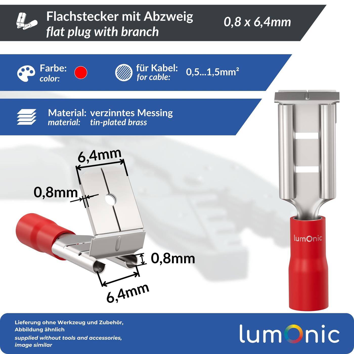 Lumonic 25x Flachsteckhülse mit Abzweig 0,5-1,5mm²  | für Flachstecker 0,8 x 6,4mm | teilisoliert | Kabelverbinder ohne Löten | 2 Kabel, 1 Anschluss, ohne Lüsterklemme | KFZ, Maschinenbau