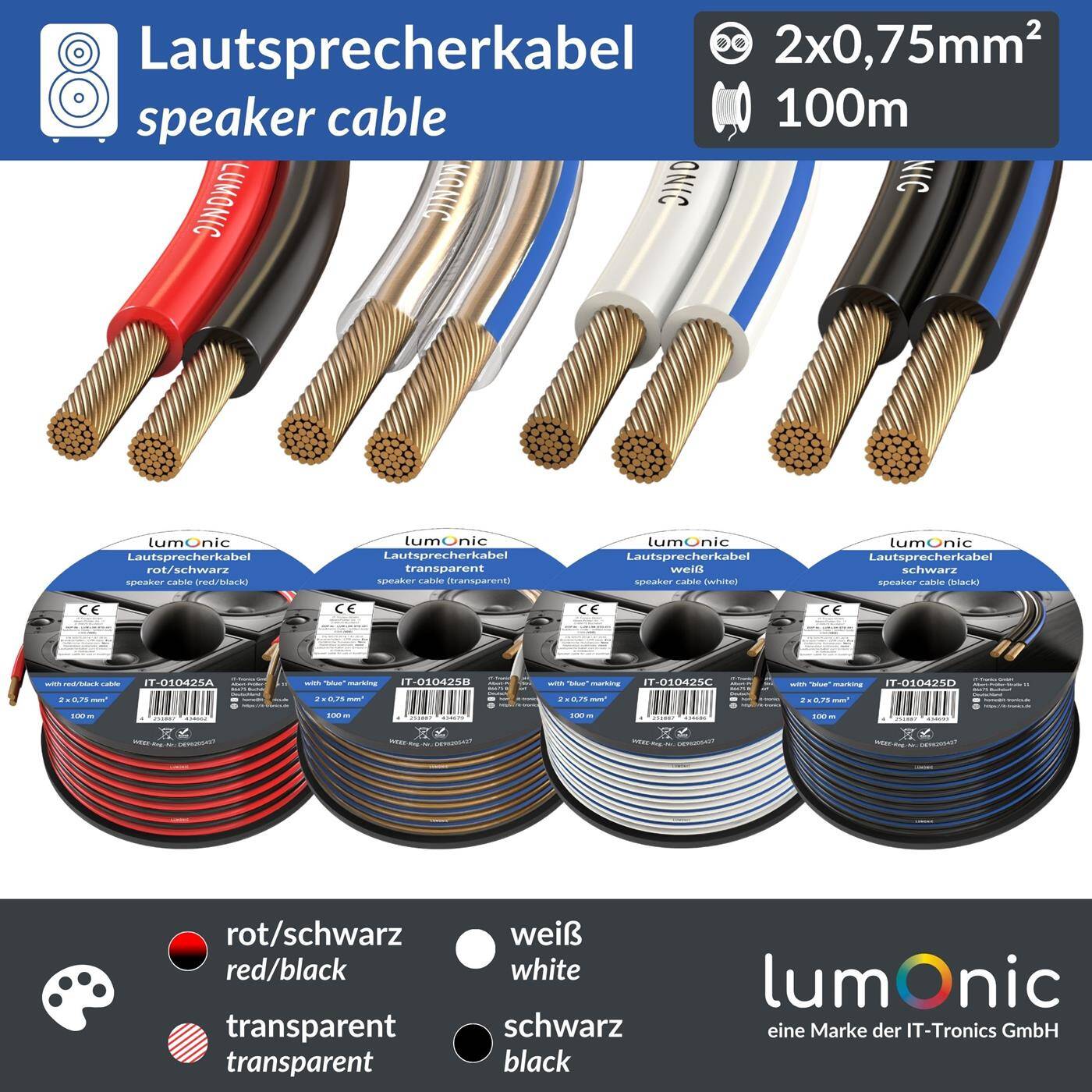 100m Lautsprecherkabel 2x 0,75mm² Rot Schwarz CCA HiFi Boxenkabel Audio Zwillingsleitung