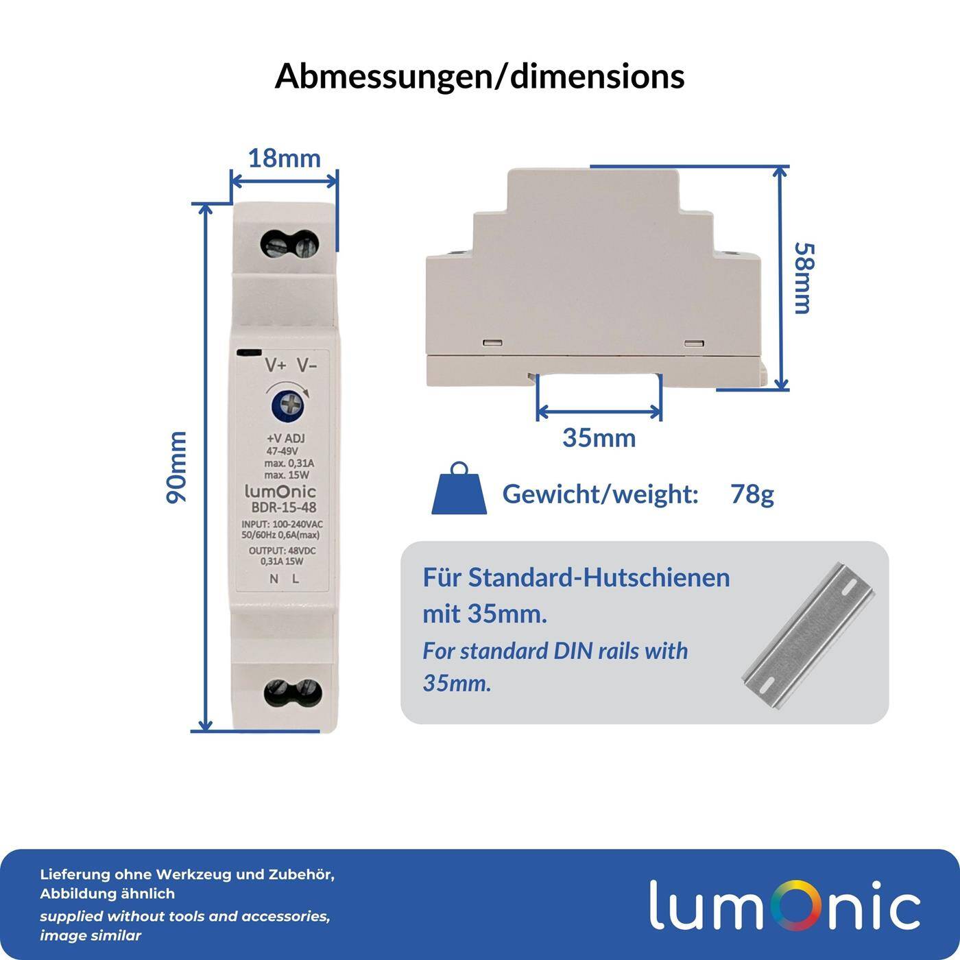 Lumonic I Netzteil Hutschiene BDR-15-48 I 48V / 15W I Input 100-240VAC I Überlastschutz & kurzschlussfest I DIN-Rail Schaltnetzteil I Schaltschrank & Verteilerkasten