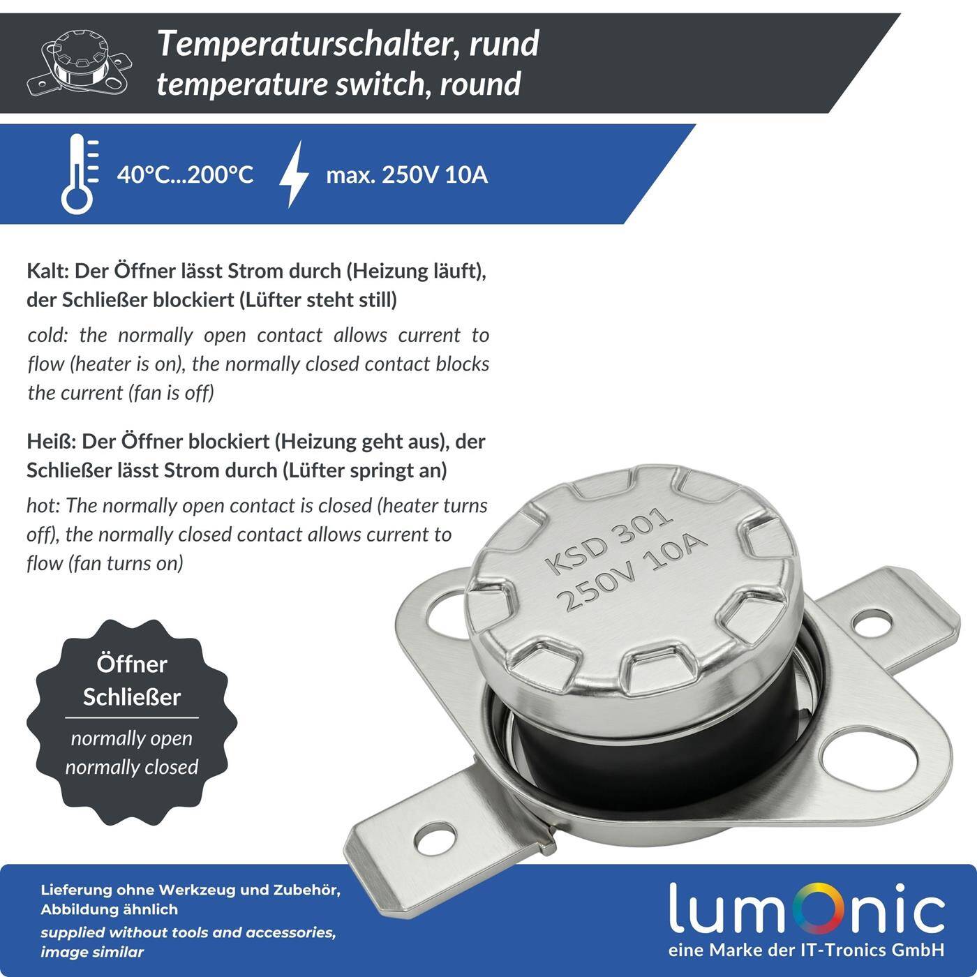 Lumonic KSD301 Temperaturschalter rund | 45°C ± 5°C | Schließer NO | max. 250V AC/10A | Flachstecker | Ø15×12mm | Thermoschalter, Bimetall | Kaffeemaschinen, Bügeleisen, Backöfen, Heizungen