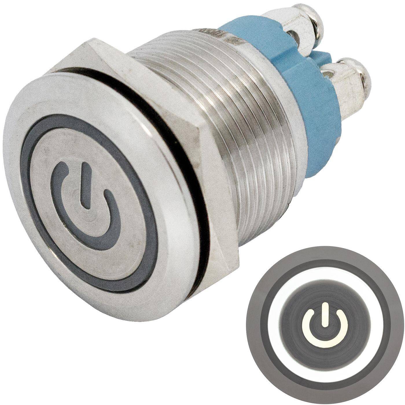 Stainless steel Push button Flat Ø19mm Power LED Cold White IP65 Screw Connection 250V 3A Vandal-proof