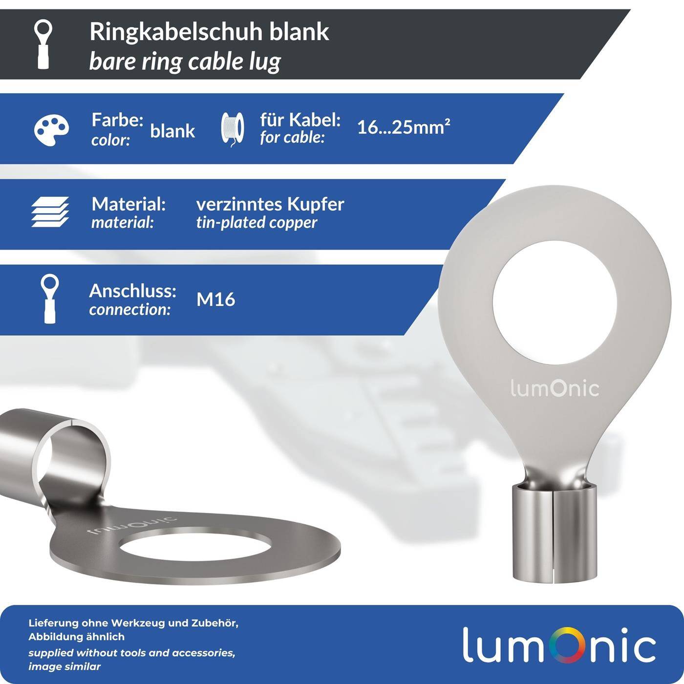 Lumonic 25x Ringkabelschuh 16-25mm² blank | M16 | Kupfer verzinnt | sichere Kabelverbindung ohne Löten | Crimp-Kabelschuh unisoliert | KFZ, Maschinenbau, Wohnmobil, Batterie