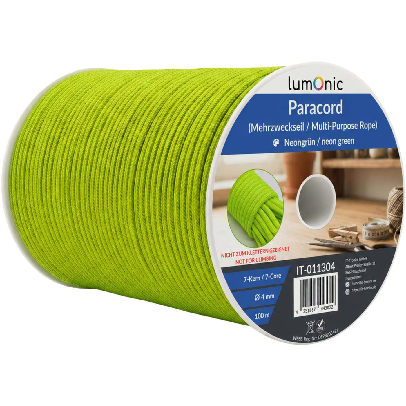 Lumonic 100m Paracord 4mm Fluorescent green | 100% nylon | 7 cores, 32 strand sheath | Max. 125 kg load capacity | Dog Leash, Bracelet, Outdoor, Bushcraft, Tent Cord, Macramé
