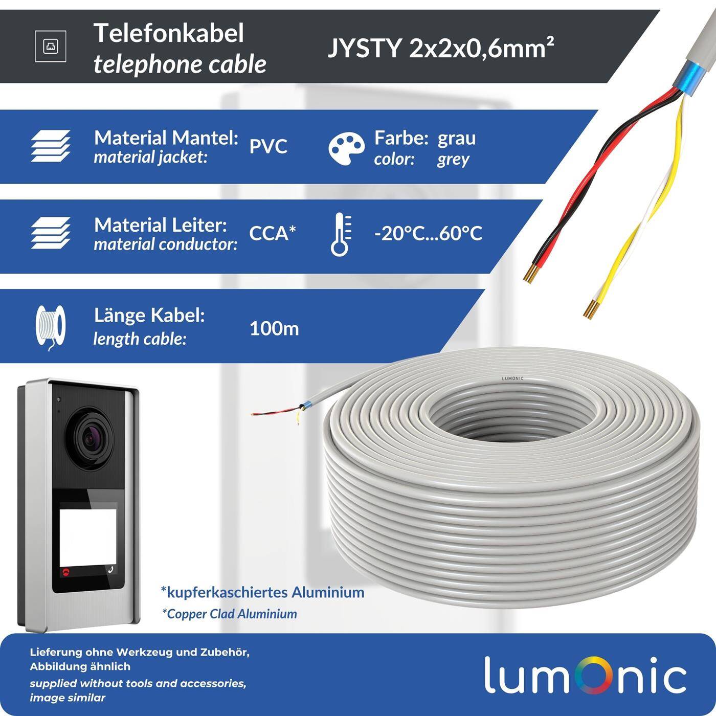 Lumonic Telefonkabel JYSTY grau | 2x2x0,6mm CCA | 100m | farbcodiert & geschirmt | Metermarkierung | Fernmeldekabel, Telefonanschlusskabel