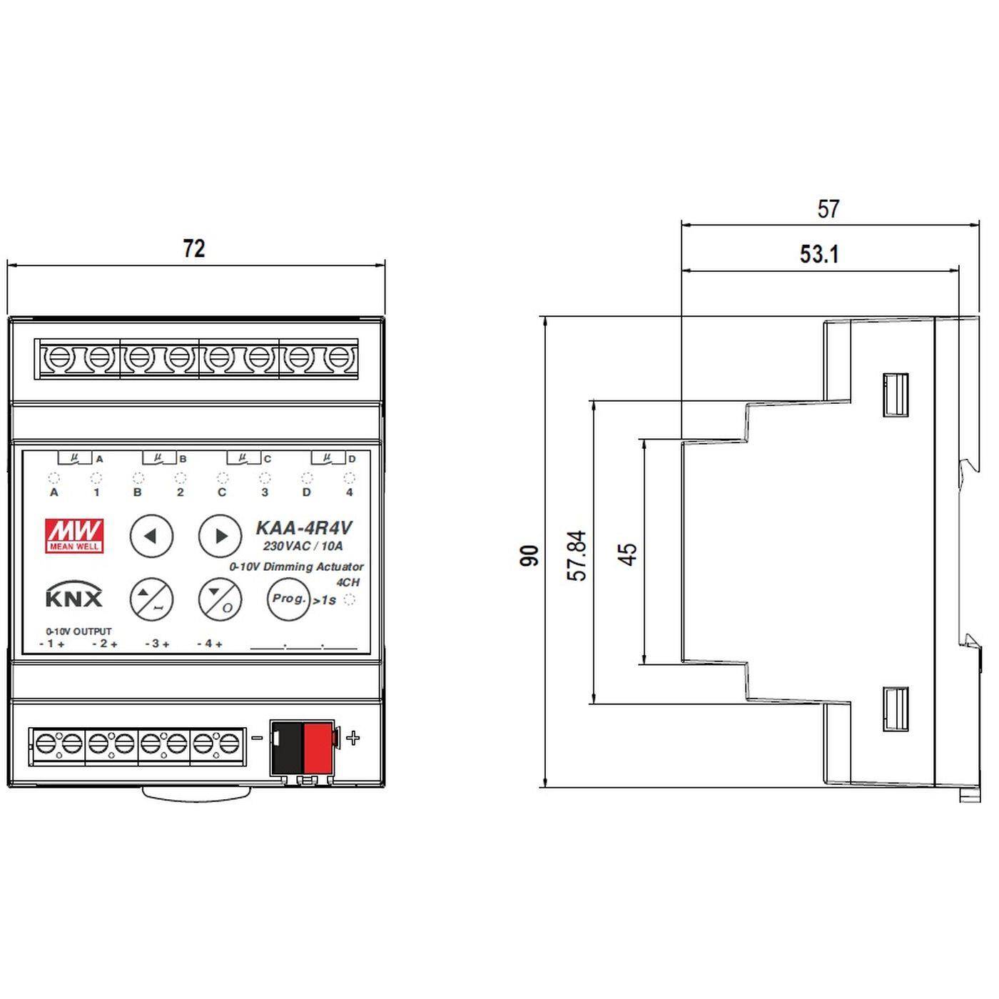 KNX 4 Channel Dimming actuator MEAN WELL KAA-4R4V-10 4 Channels per 10A LED Dimmer 0-10V