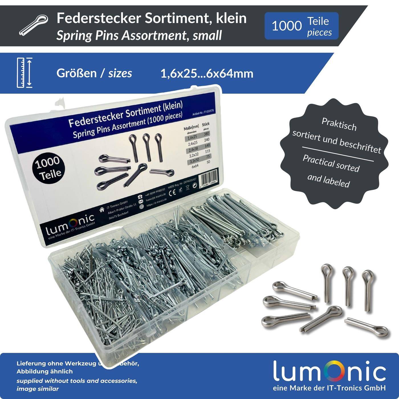 Lumonic Federstecker Sortiment | 150 Teile, 6 Größen (3-8mm) | Splinte Federstahl verzinkt | für Anhänger Traktor Rasenmäher | in praktischer Sortimentsbox