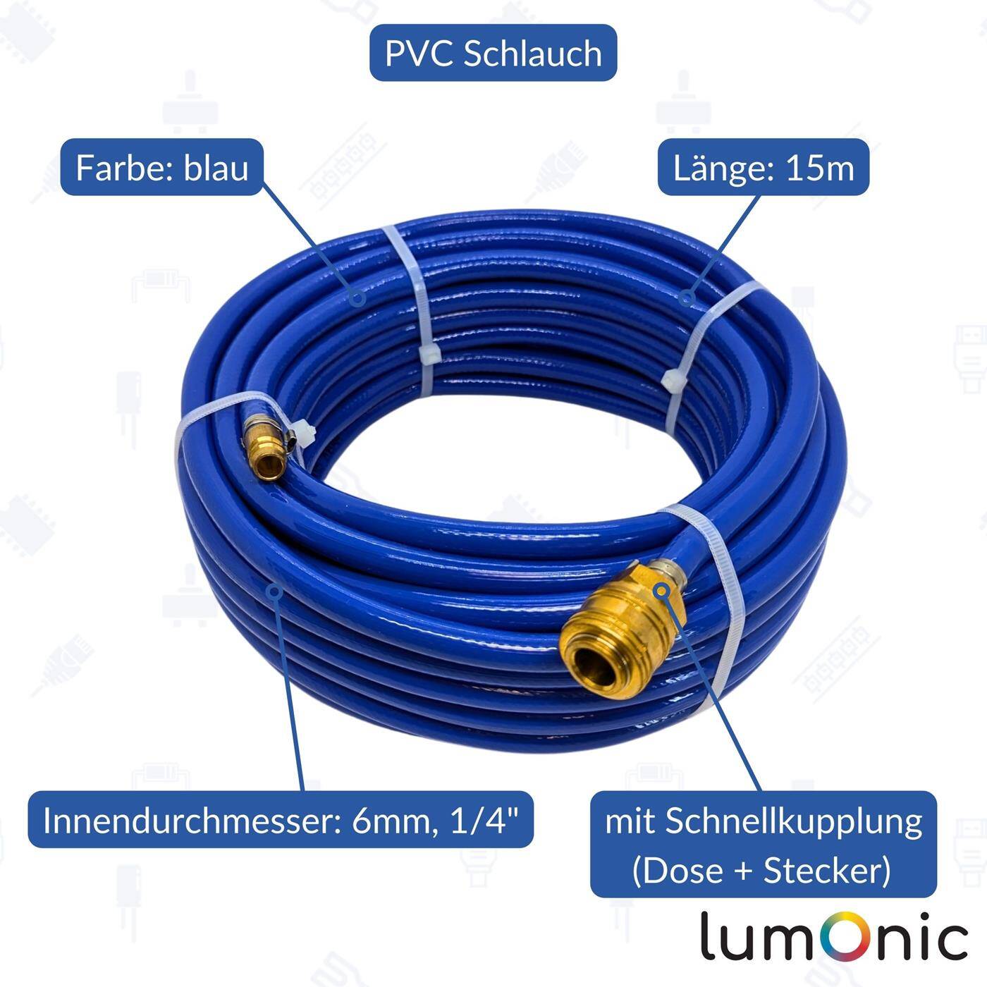 15m Druckluftschlauch mit Schnellkupplung 6mm PVC Druckluftverlängerung Dose & Stecker fertig konfektioniert flexibel, abriebfest und gewebeverstärkt 15m Druckluftschlauch mit Schnellkupplung 6mm PVC Druckluftverlängerung Dose & Stecker fertig konfektioniert flexibel, abriebfest und gewebeverstärkt