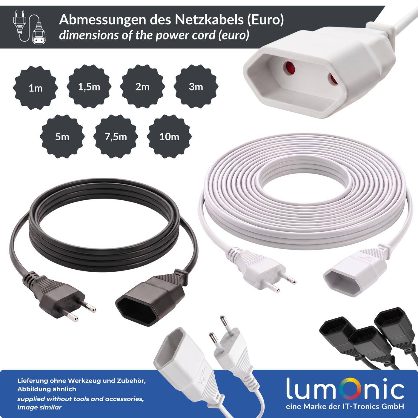 Lumonic Eurostecker Verlängerungskabel 3-fach, Schwarz 1,5 m, 230 V - Drei Geräte an einem Kabel, für Fensterbank, Schreibtisch und TV-Board, kindersichere Buchsen, Eurostecker mit Knickschutz