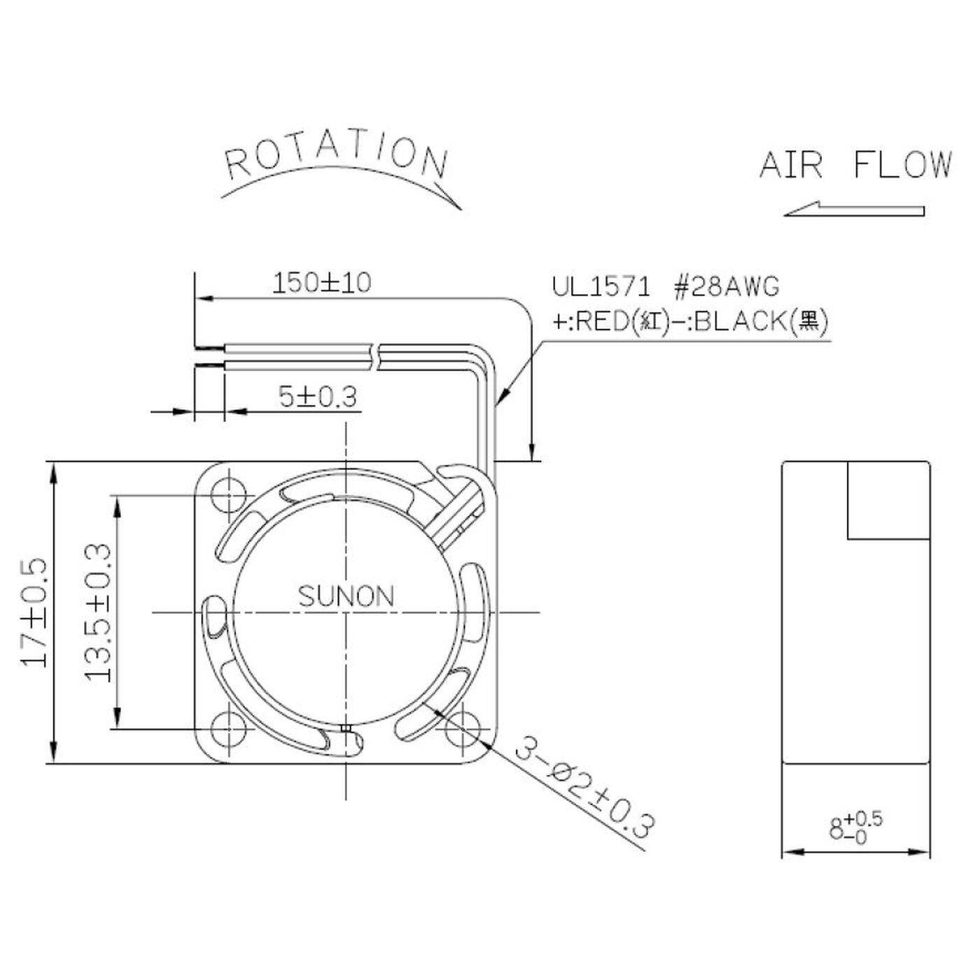 Fan 5V DC 0,33W 17x17x8mm 1,1m³/h 16500U/Min 1,1m³/h Sunon MF17080V21000UA99