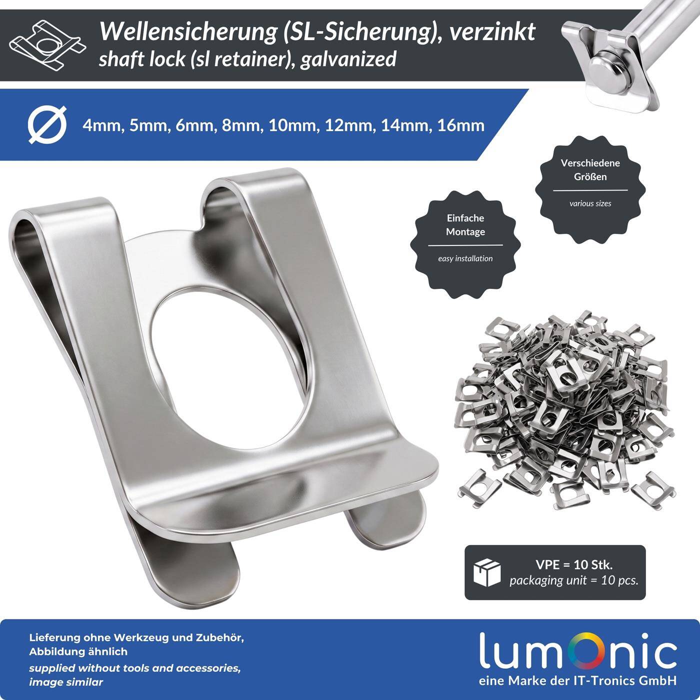 Lumonic 10 Stück SL-Sicherungen für Welle und Bolzen, Ø 14 mm - Sicherungsscheibe für genutete Wellen, Federstahl verzinkt, werkzeuglose Montage, für Garagentor und Rasenmäher