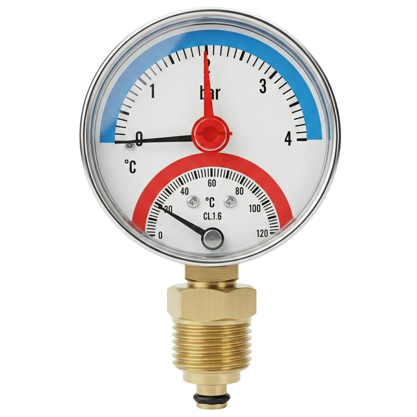 Lumonic Thermomanometer 4bar 0-120°C | 1/4 + 1/2 inch (adapter) | Bottom connection | Ø 63mm, large scale | Heating pressure gauge | Metal housing