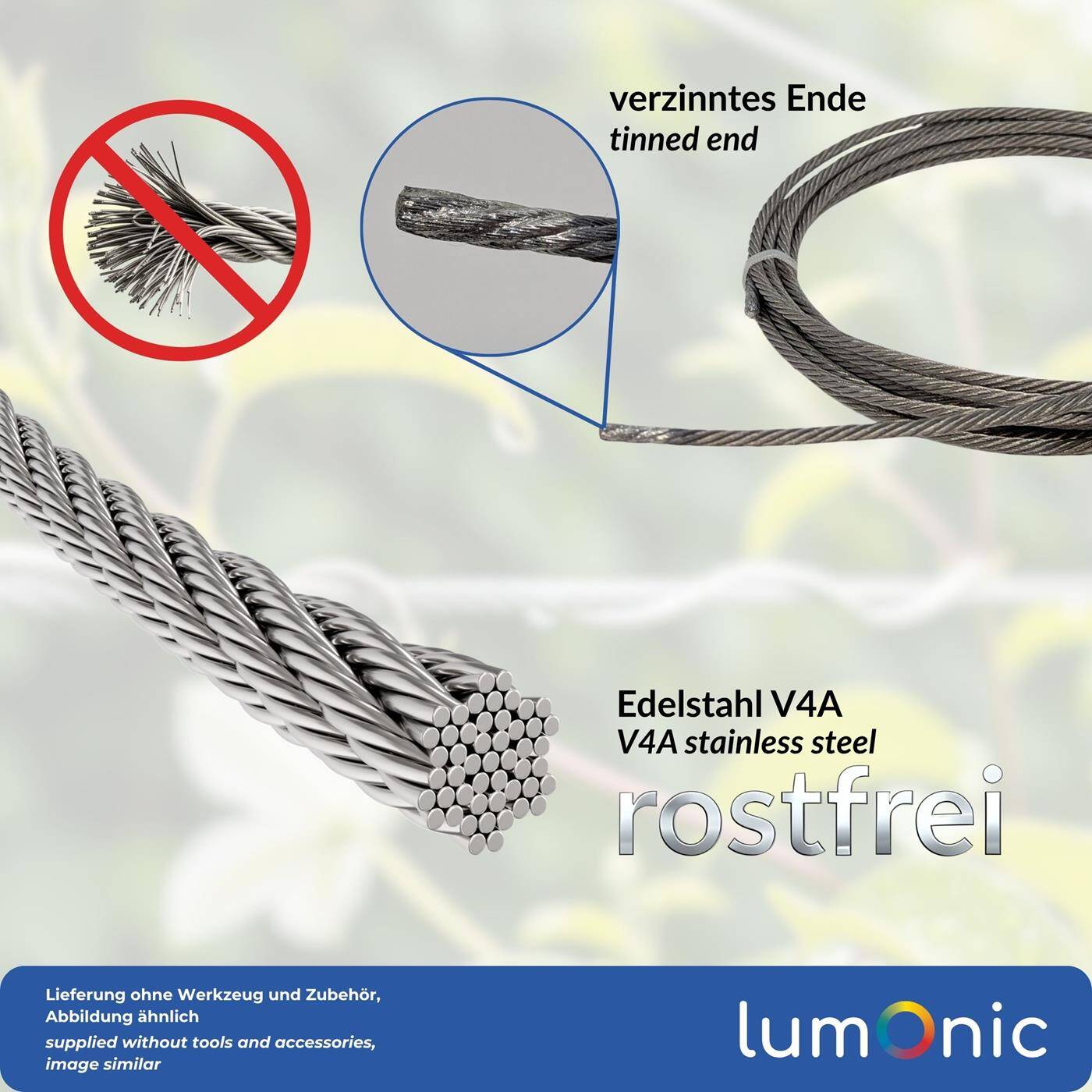 Lumonic Drahtseil 7x7 | 100m Ø4mm | V4A Edelstahl rostfrei | Stahlseil mit verzinnten Enden | für Rankhilfe, Wäscheleine, Lampen, Sichtschutz, Sonnensegel