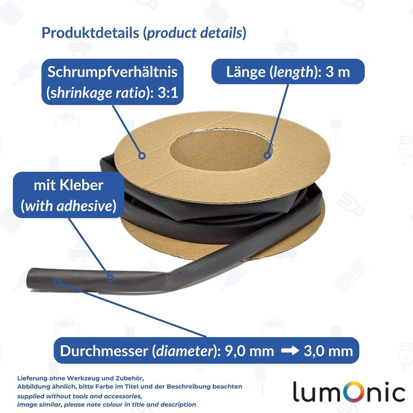 Lumonic 3m Schrumpfschlauch Box 3:1 mit Kleber Schwarz - Hier von: 9mm auf 3mm - Dickwandiger Schrumfpschlauch in verschiedenen Größen