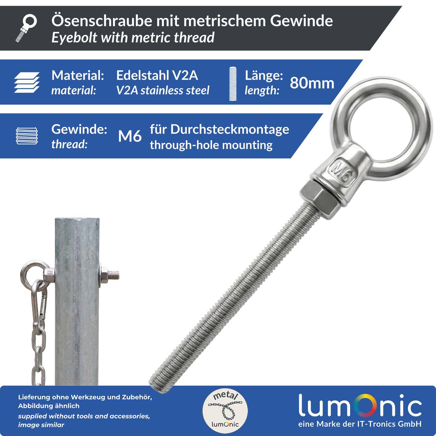 Lumonic Eye bolt V2A stainless steel incl. nut + washer | M6x80mm |  | Push-through mounting | Eyebolt for awning, hammock, swing + chains