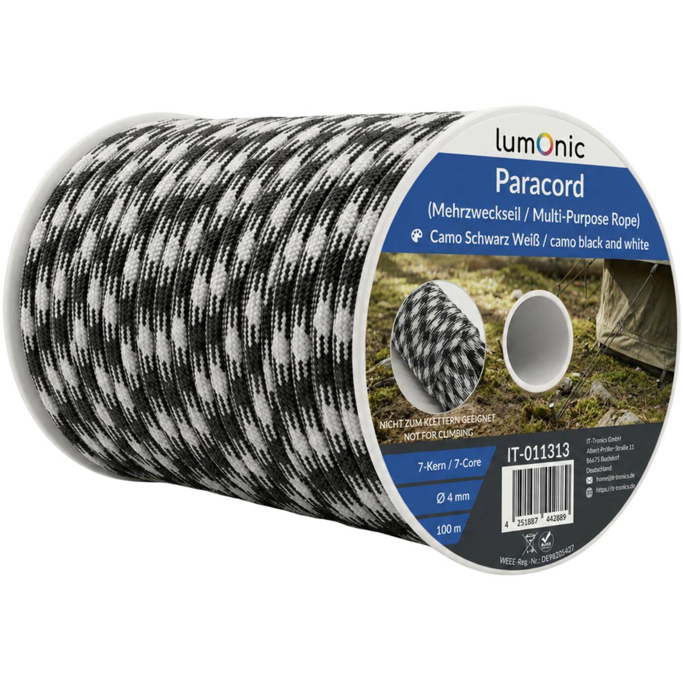 Lumonic 100m Paracord 4mm  | 100% nylon | 7 cores, 32 strand sheath | Max. 125 kg load capacity | dog leash, bracelet, outdoor, bushcraft, tent cord