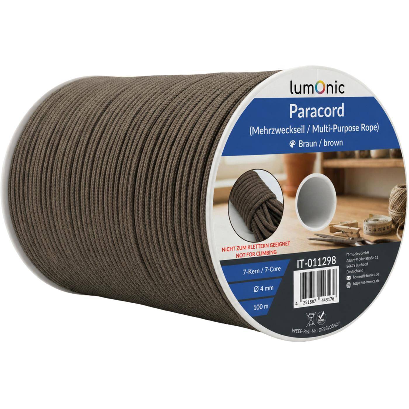 Lumonic 100m Paracord 4mm Brown | 100% nylon | 7 cores, 32 strand sheath | Max. 125 kg load capacity | dog leash, bracelet, outdoor, bushcraft, tent cord
