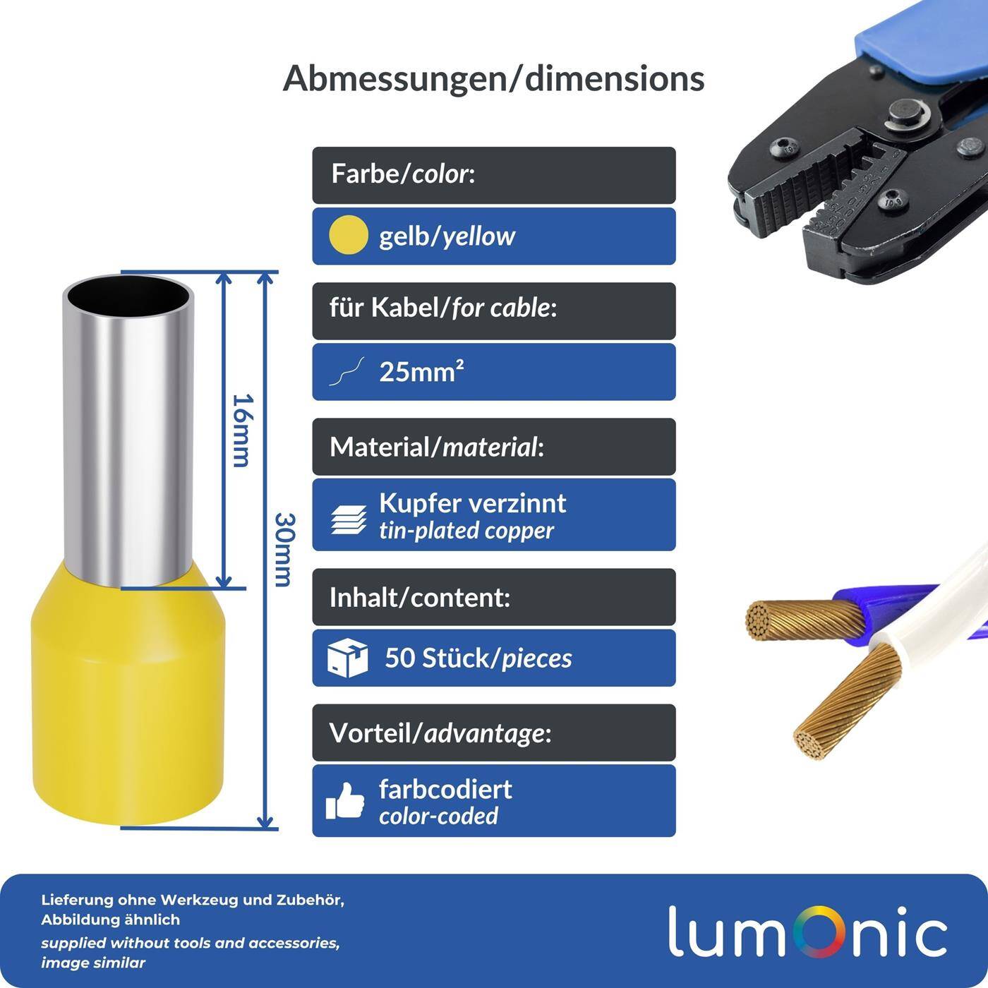 Lumonic 50 x 25mm² Aderendhülsen isoliert gelb I Die Länge beträgt 16mm, der Durchmesser des Kunstoffkragen 11,2mm I Verzinnt zum Schutz gegen Korrosion