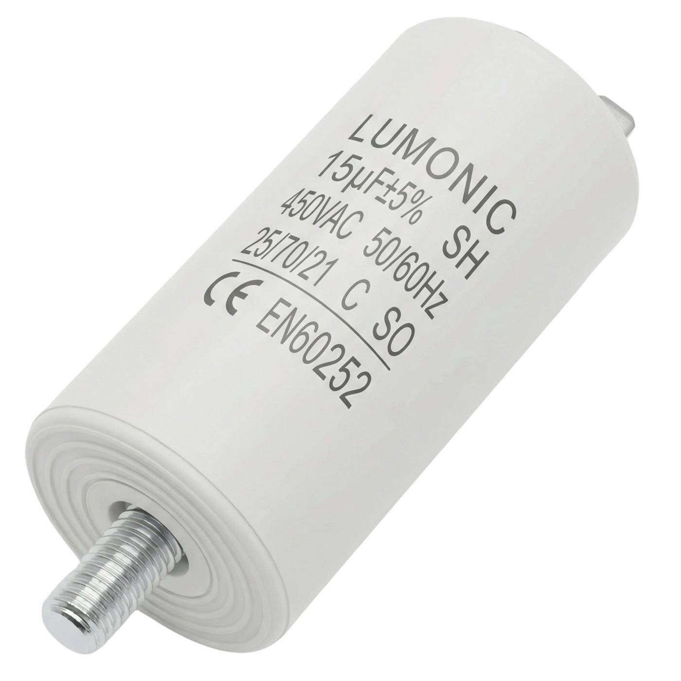 Lumonic Anlaufkondensator 15µF 450V | mit Stecker I 34x70mm I 15uF I Motorkondensator mit Kunststoffgehäuse I Betriebskondensator I für Pumpen, Rasenmäher, Werkzeuge