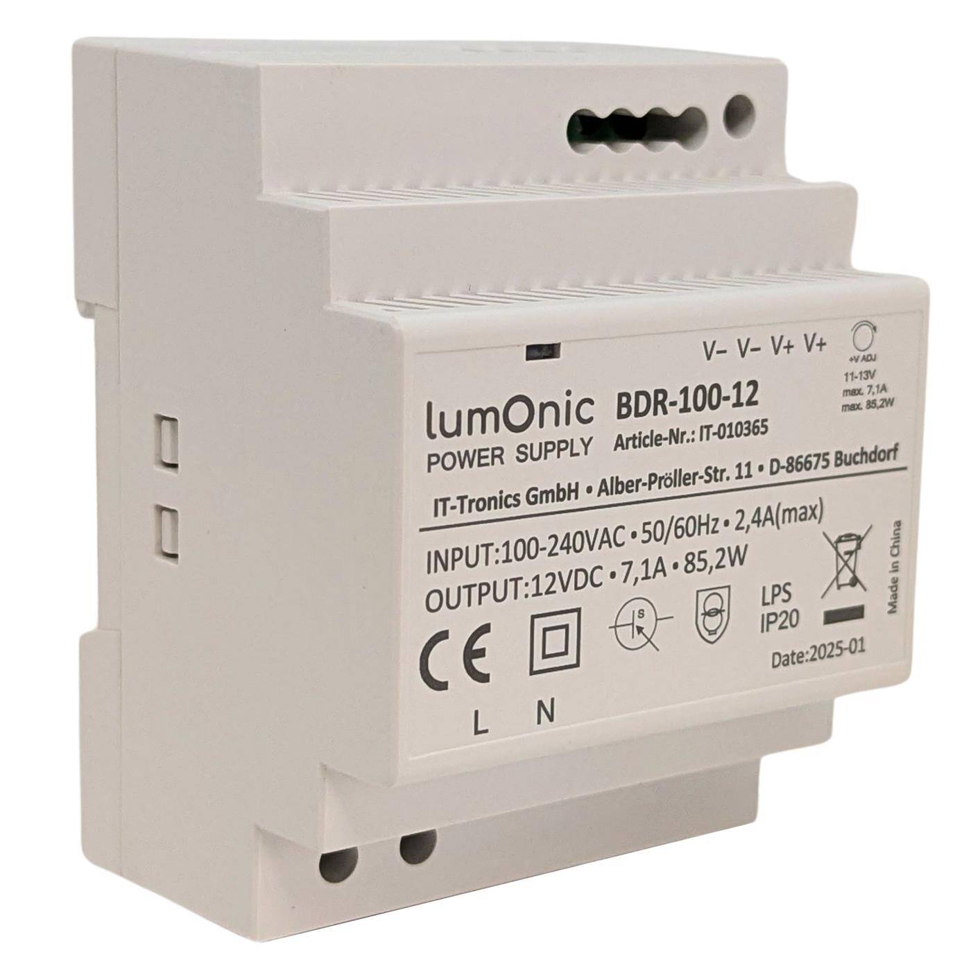 Lumonic I Top-hat rail power supply unit BDR-100-12 I 12V / 85,2W I Input 100-240VAC I Overload protection I DIN-Rail switching power supply I Switch cabinet