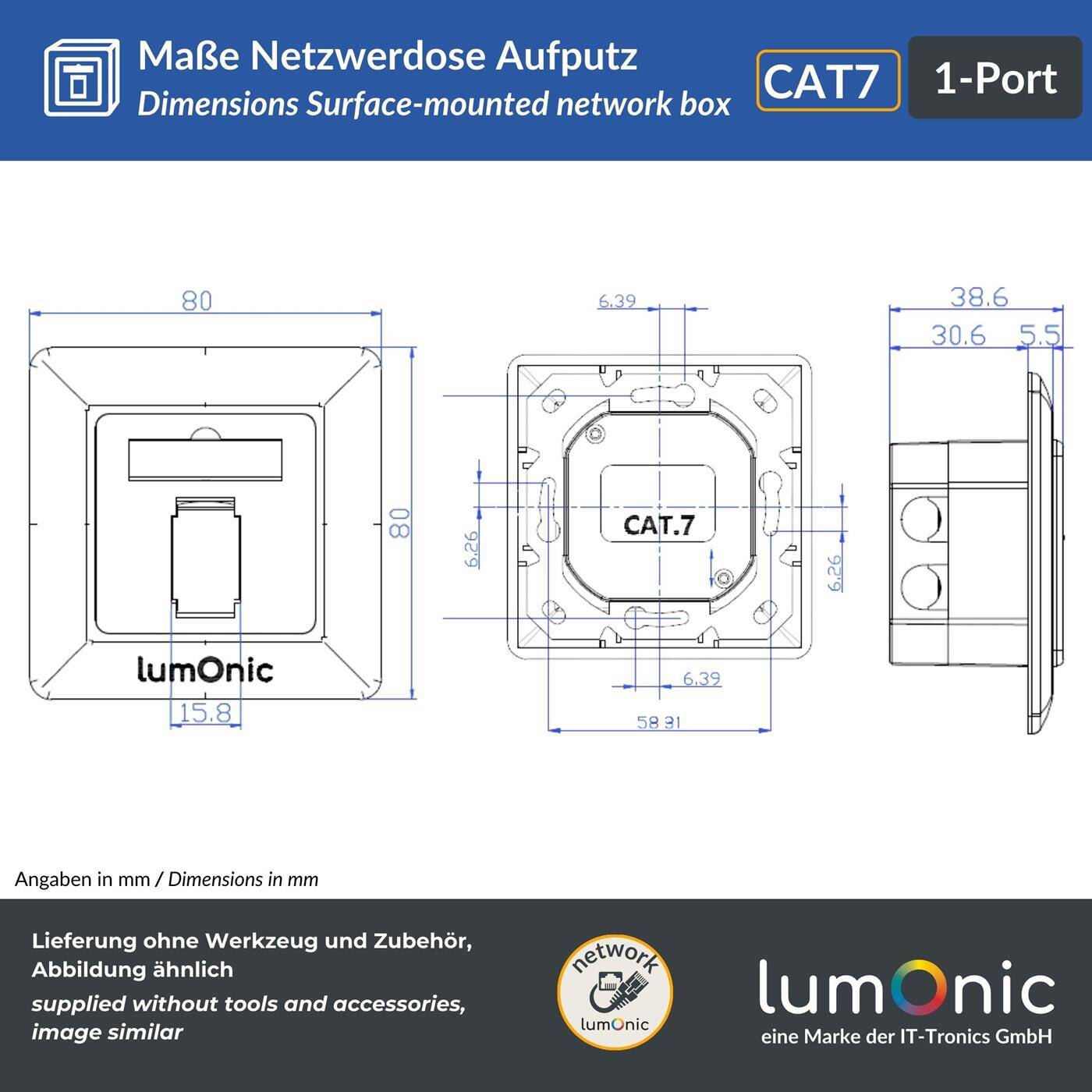Lumonic Set of 2 Surface-mounted network socket CAT7 | 1-Port RJ45 | Retrofit without caulking | LSA mounting, T568A/B color-coded | ABS housing, white | Ethernet socket up to 10 Gbit/s