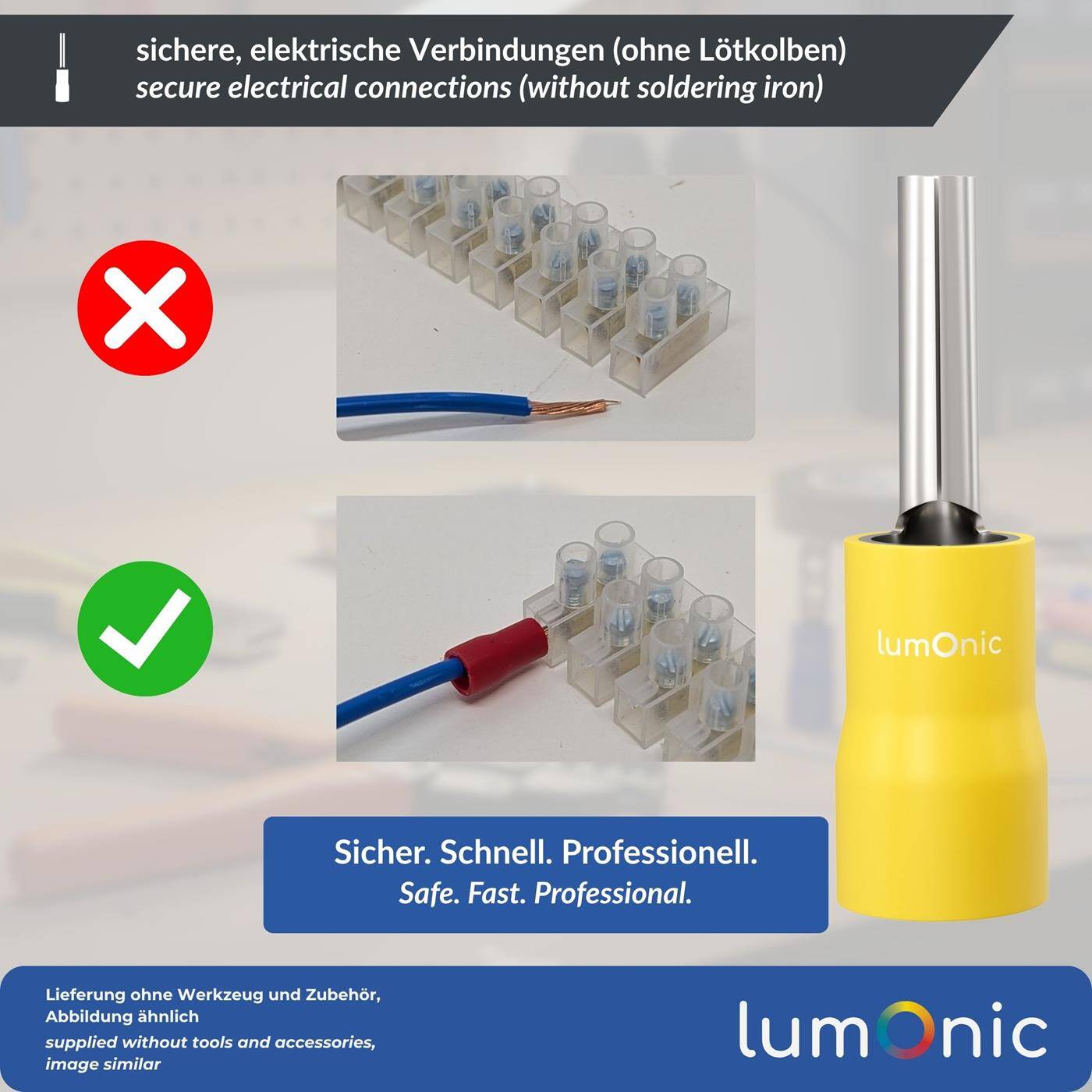 Lumonic 25x Pin cable lug 4,0-6,0mm² Yellow | Tinned copper | Secure cable connection without soldering | Crimp cable lug ideal for luster terminals | Automotive, mechanical engineering, motorhome