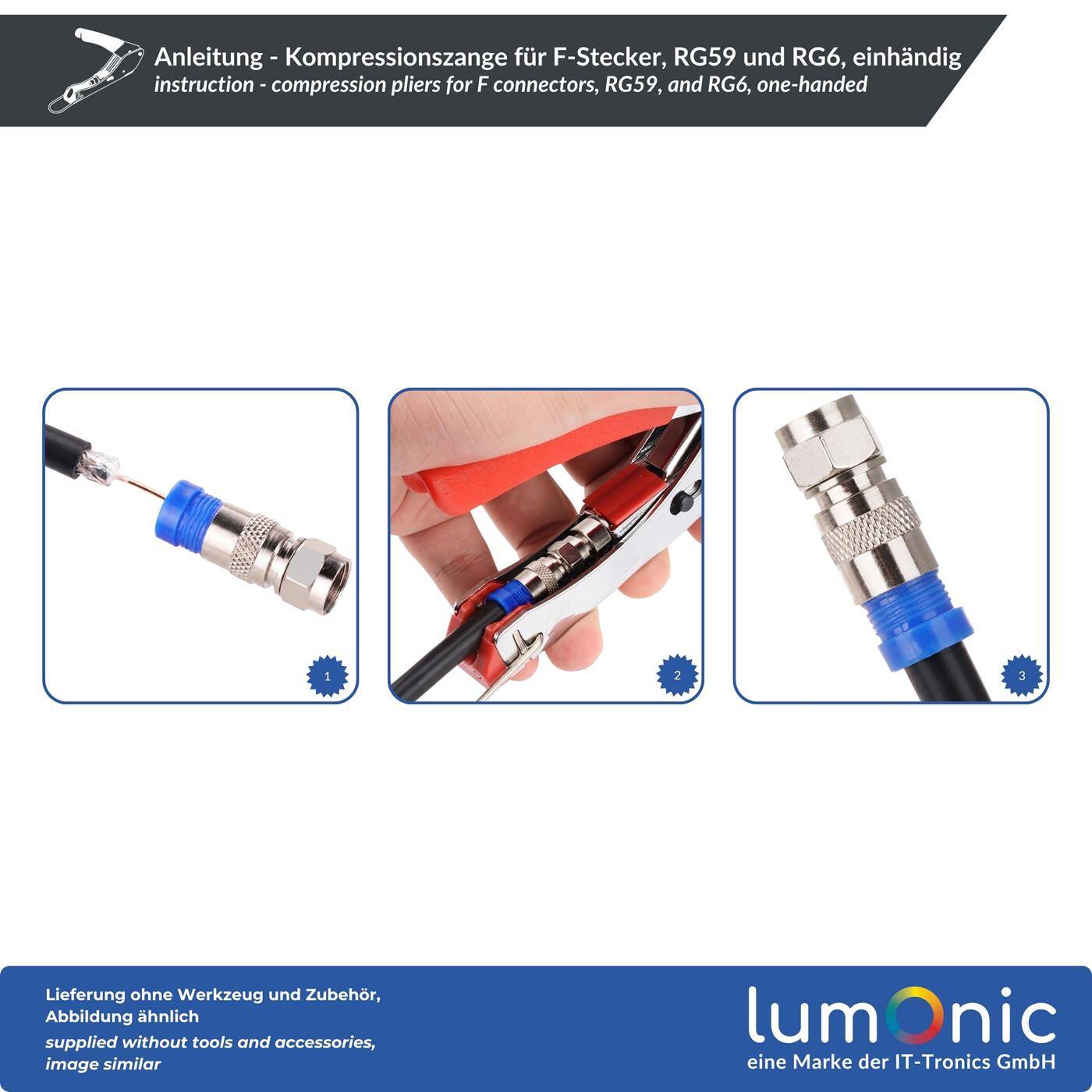 Lumonic Compression pliers for F connectors, RG59, and RG6, one-handed use—locking lever, for RG59 and RG6, axial compression, metal, coaxial connectors for satellite systems and antenna jacks