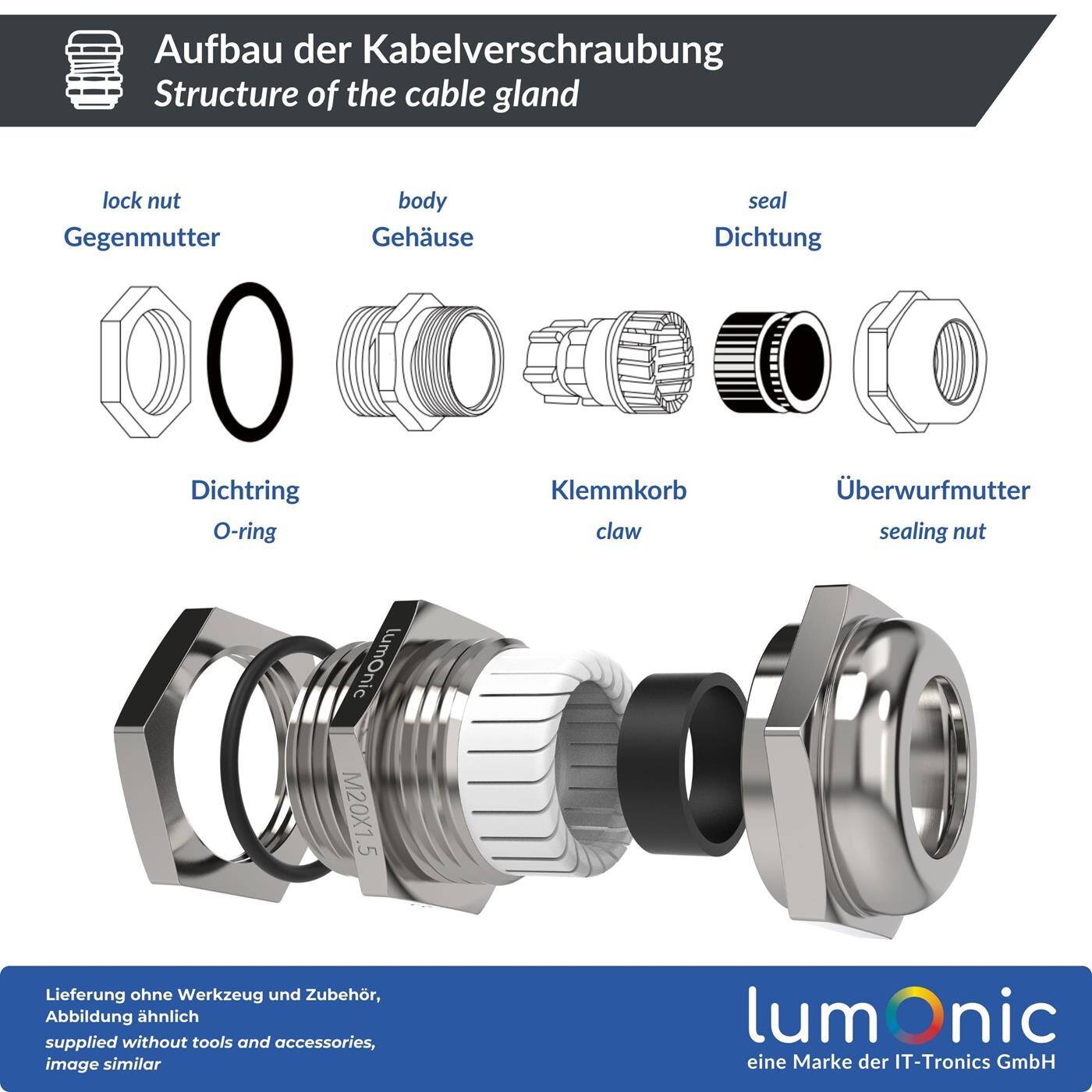 Lumonic Set of 5 metal cable glands M20 | Clamping range 6-12mm | IP68 | with locknut | Nickel-plated brass, EMC | -40...+100°C | corresponds to PG13.5