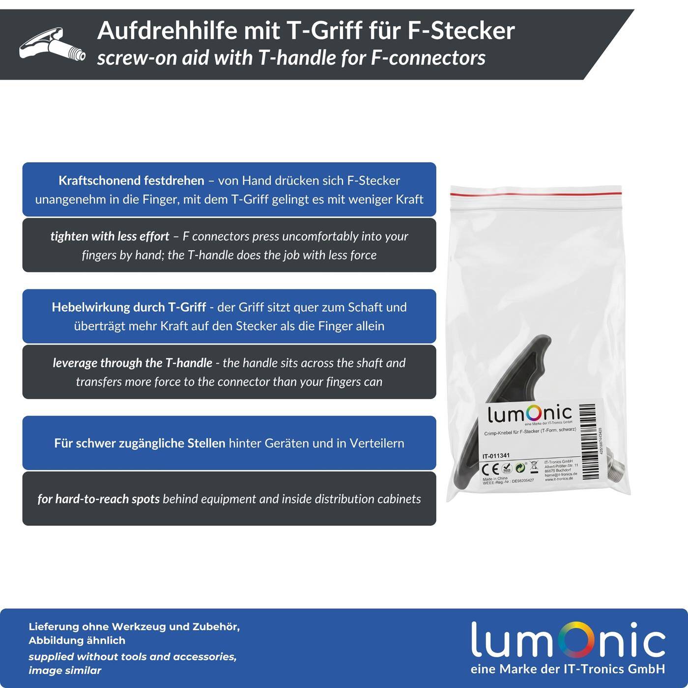 Lumonic Aufdrehhilfe mit T-Griff für F-Stecker - F-Knebel, F-Montageschlüssel, Aufnahme mit Metallgewinde, kraftschonendes Aufdrehen, für Verteilerschrank und SAT