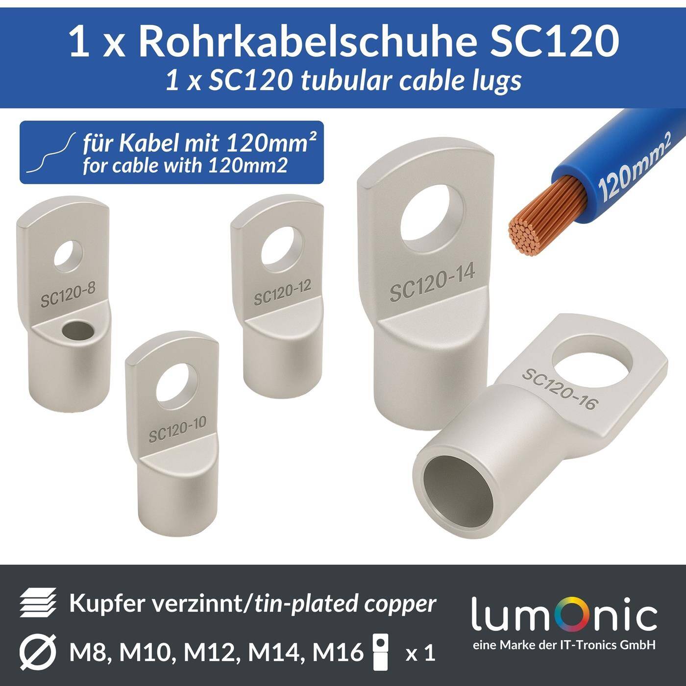 Rohrkabelschuh blank 120mm² Lochdurchmesser M8 SC120-8 Ringzunge Kupfer verzinnt