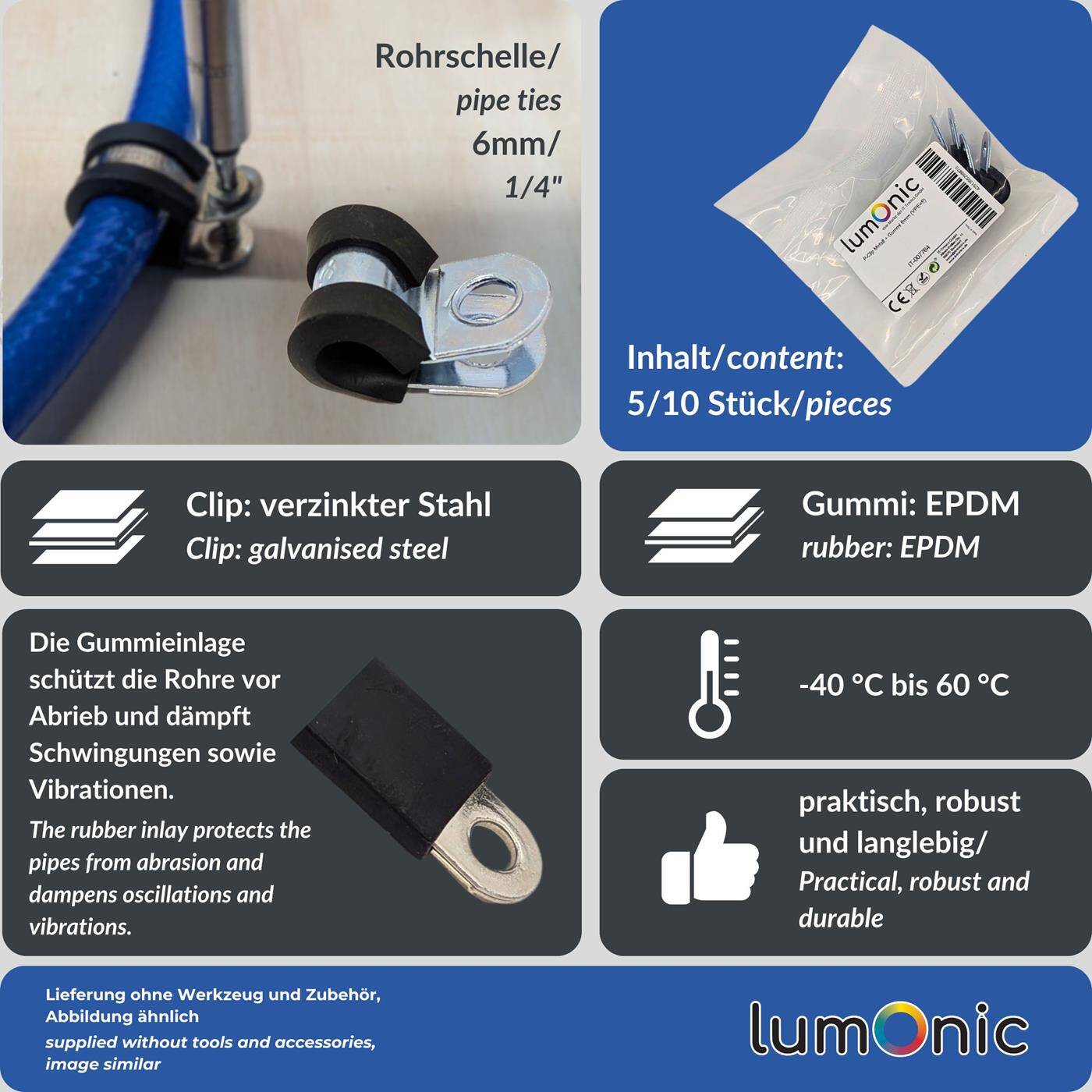 Lumonic 5x 6mm Rohrschellen mit Gummieinlage I Kabelschellen zum Schrauben I Schlauchschelle 6mm, Rohrschellen, Befestigungsschelle 6mm, Rohrhalterung