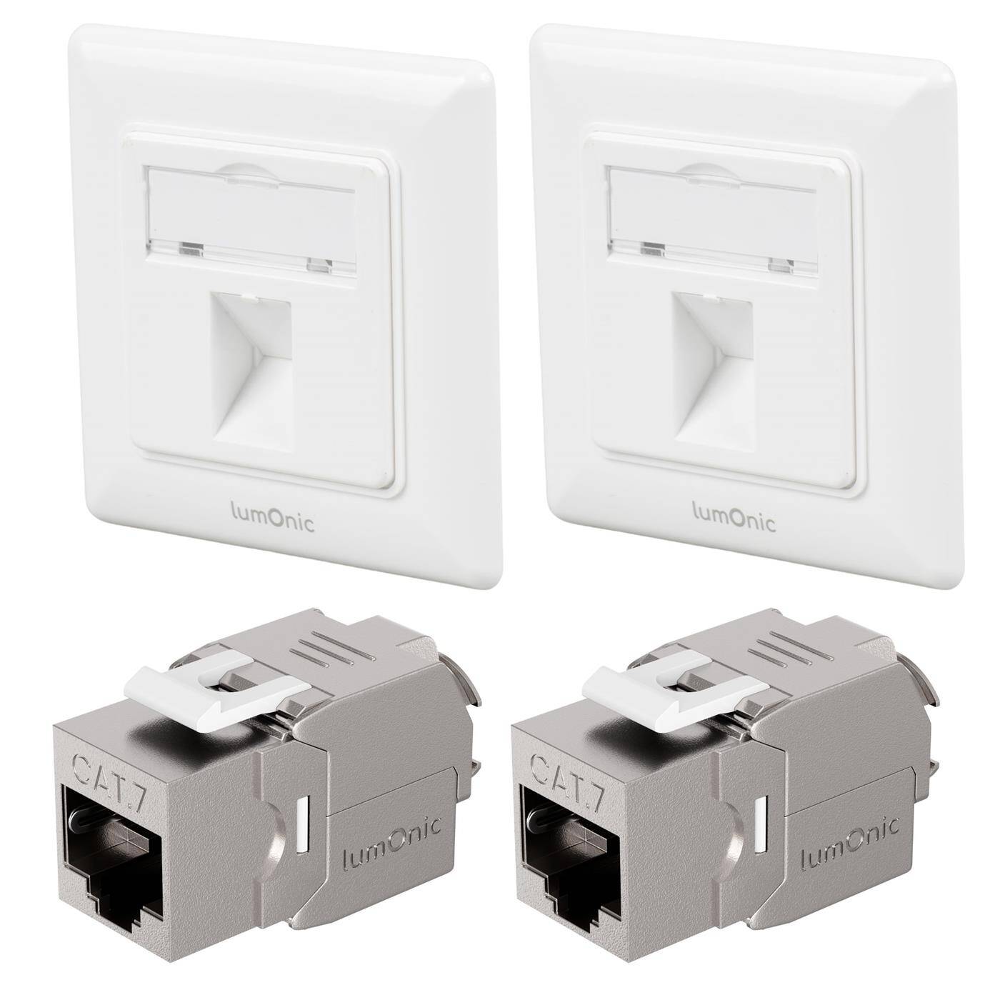 Set of 2 Keystone flush-mounted frame CAT7 module included, 1-port snap-in I tool-free assembly, Standard 55 system, Ethernet socket up to 10 Gbit for AWG22-24, RJ45 fully shielded,