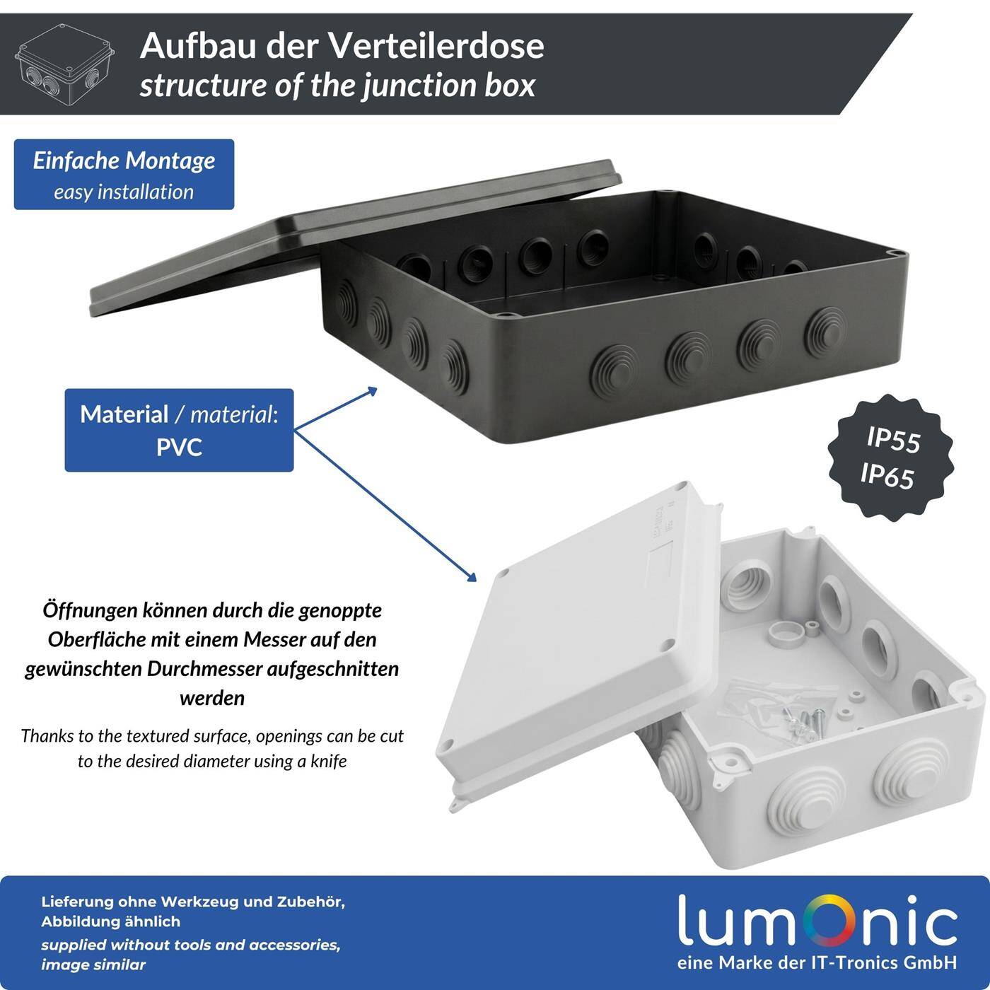 Lumonic Verteilerdose weiß 85x85x50mm mit 7 Öffnungen I Abzweigdose Aufputz - IP55 I Verbindungsdose, Klemmdose, Abzweigkasten für Innen & Außen