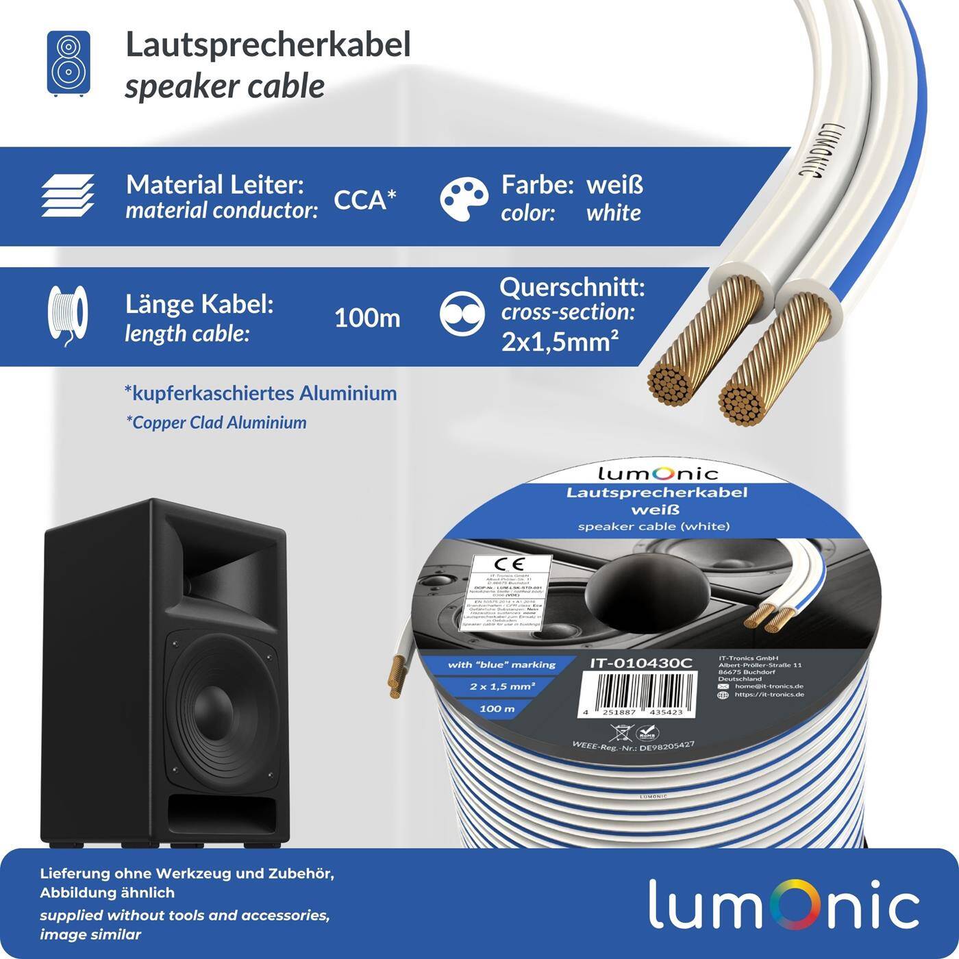 Lumonic Lautsprecherkabel | 100m Weiß | 2x 1,5mm² CCA | blaue Markierung HiFi Boxenkabel | Audio Zwillingsleitung