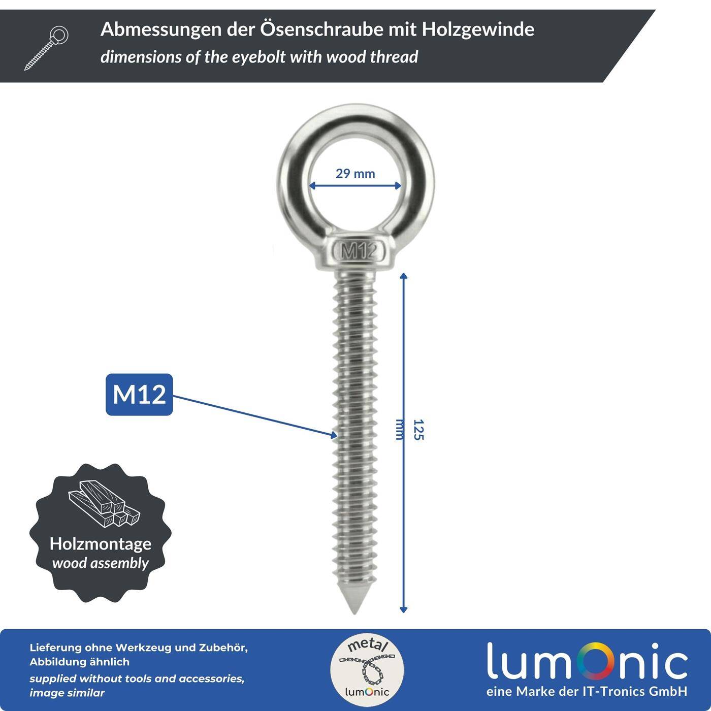 Lumonic Ösenschraube V2A Edelstahl mit Holzgewinde | M12x120mm |  | Befestigung an Balken/Holzpfosten | Ringschraube für Sonnensegel, Hängematte, Schaukel + Ketten