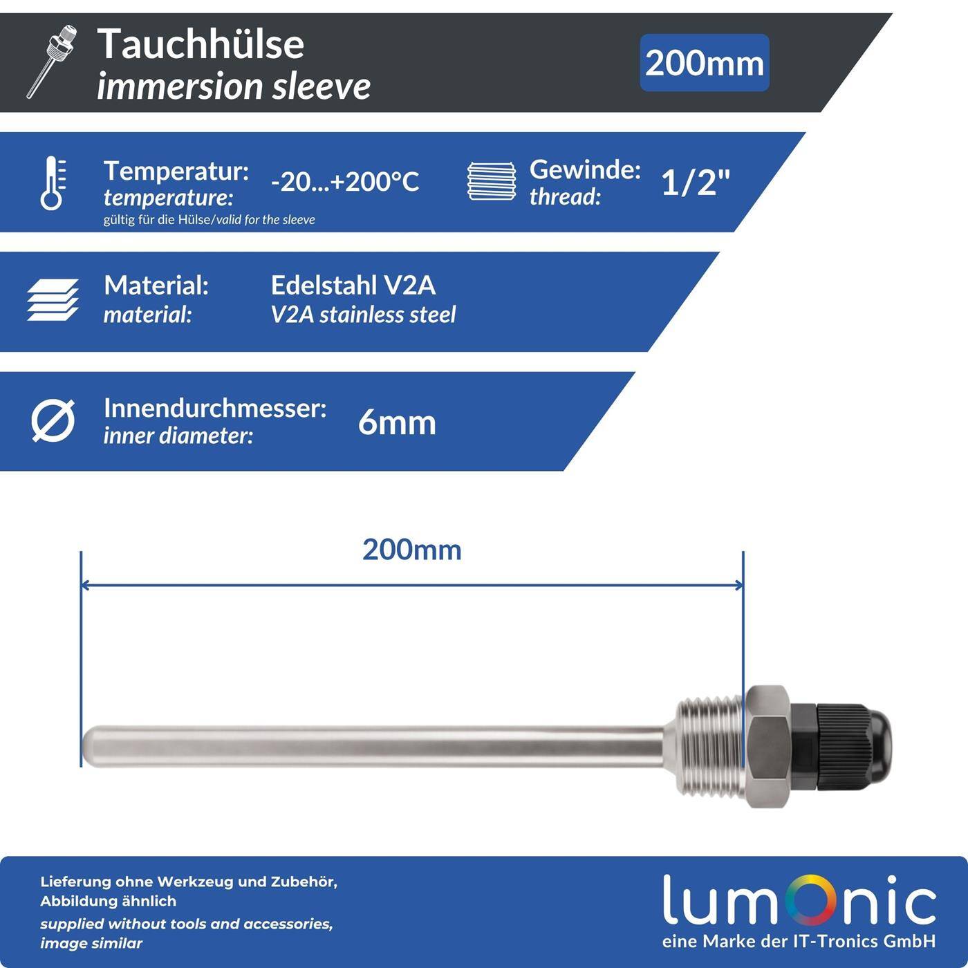 Lumonic Immersion sleeve V2A stainless steel 1/2 inch | 200mm Installation length | Perfect fit for 6mm temperature sensors | for buffer storage, heating, solar + smart home