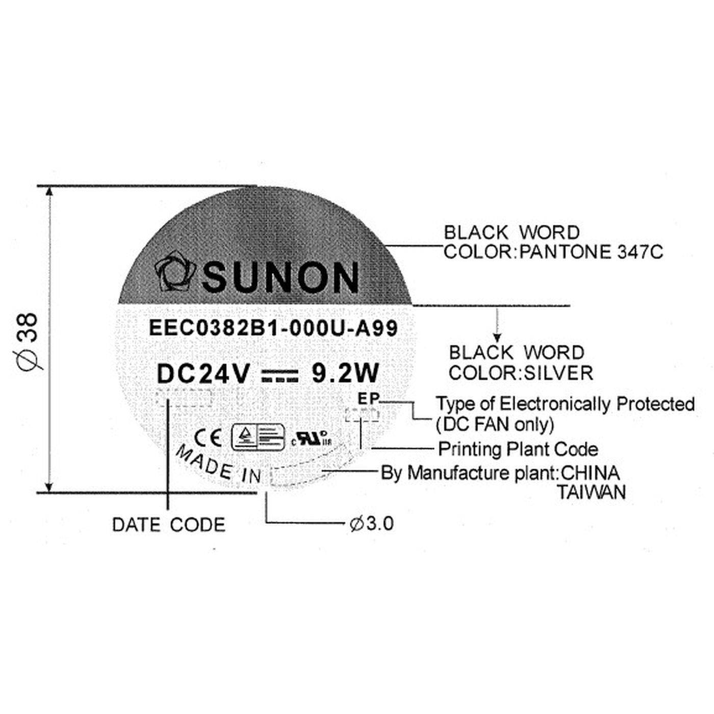 Lüfter 24V DC 9,6W 120x120x38mm 234,4m³/h 3100U/Min 234,4m³/h Sunon EEC0382B1-A99