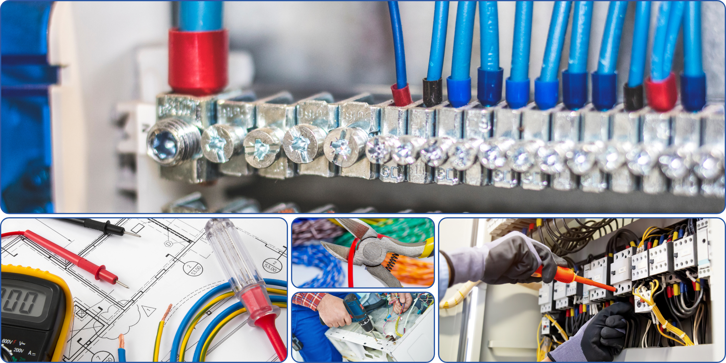 Eine Collage, die verschiedene elektrische Aufbauten und Aufgaben zeigt, zeigt Nahaufnahmen von Verkabelungen, einen Schaltplan mit Werkzeugen, eine Person, die Kabel handhabt und Kabelverbinder verwendet, eine andere, die eine Steckdose installiert, und