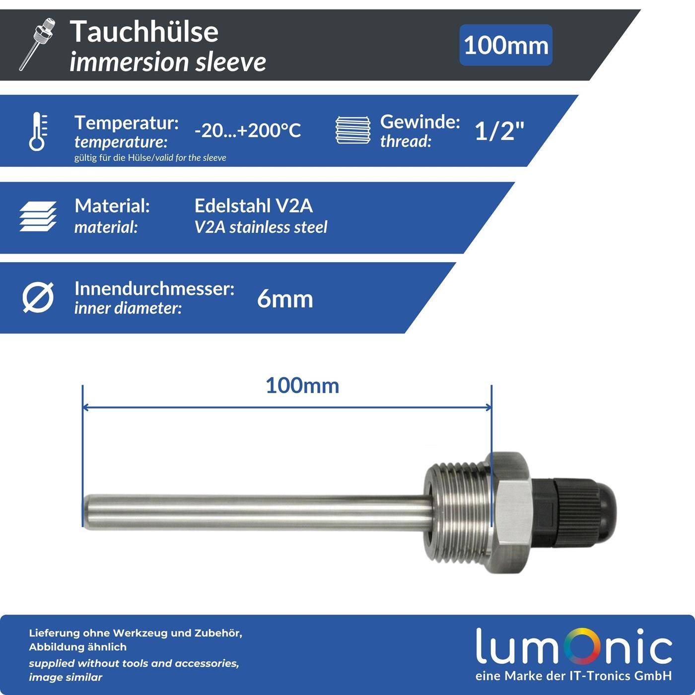 Immersion sleeve V2A stainless steel 1/2 inch 100mm for 6mm temperature sensor for solar heating buffer tank + Smart Home