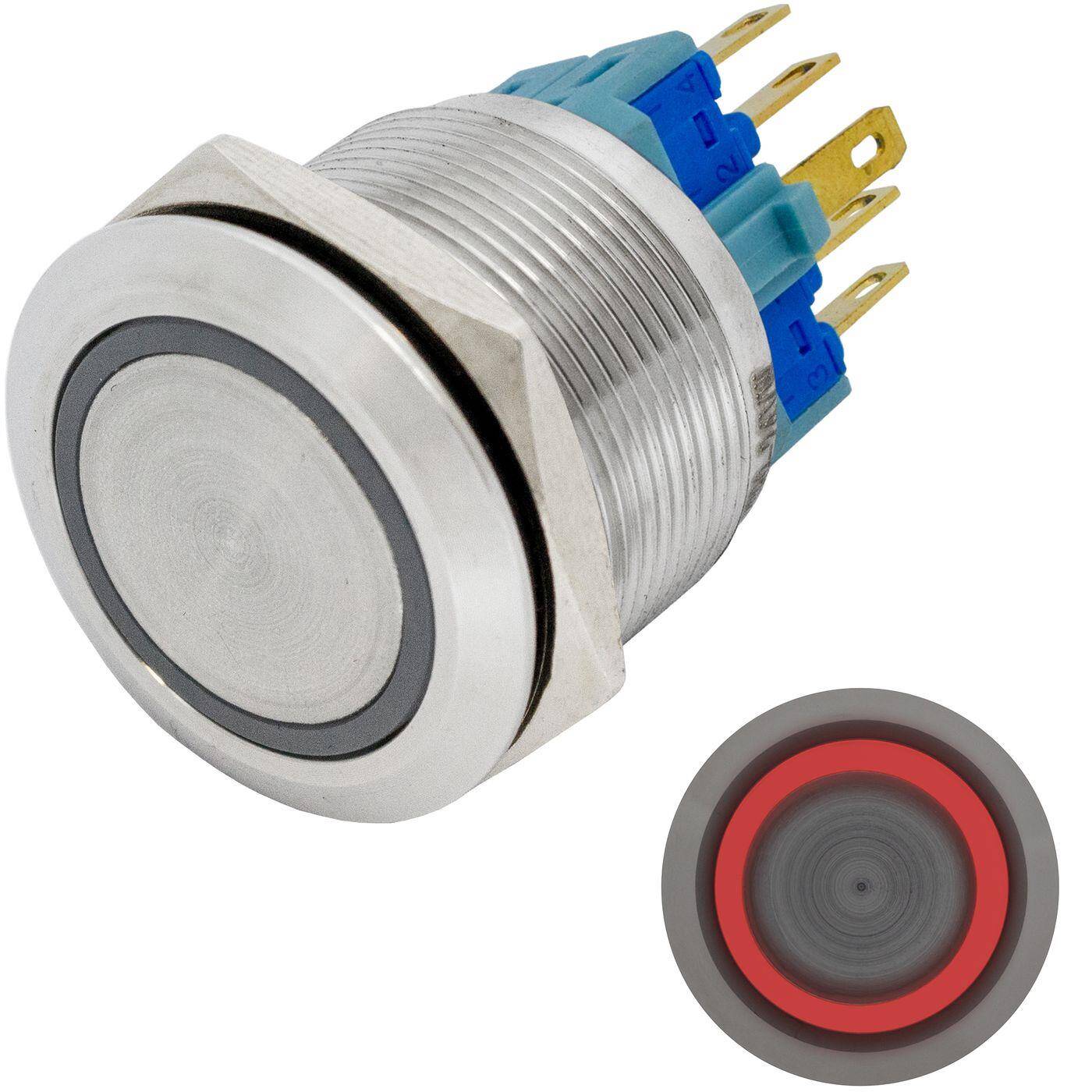 Lumonic Edelstahl Drucktaster flach 22mm Durchmesser I Mit einer Ring LED in Rot Maße: 2,8x0,5mm Pin s 250V 3A I Vandalismussicher nach dem IP65 Standard